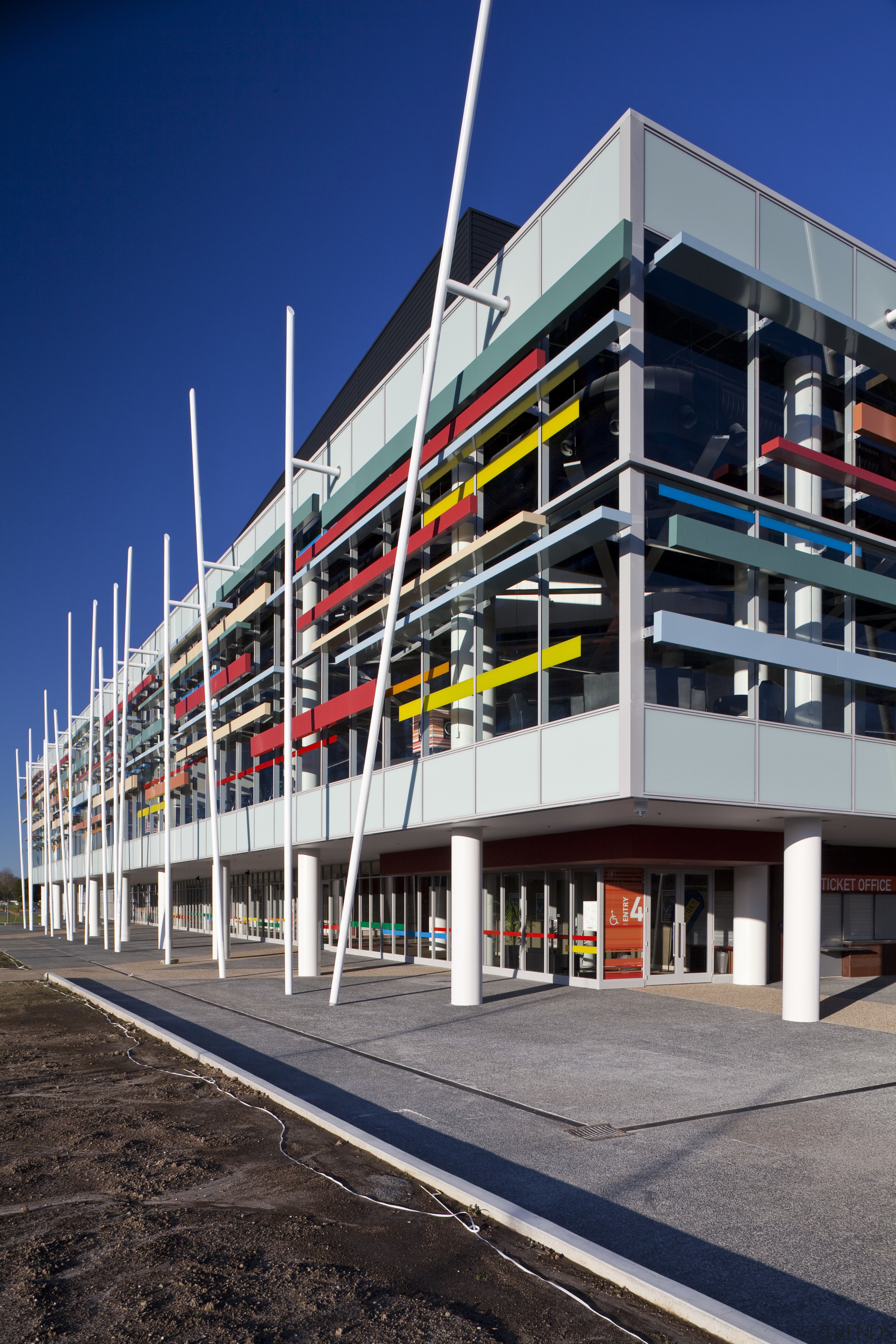 View of Claudlands Arena, Hamilton. - View of architecture, building, commercial building, corporate headquarters, facade, headquarters, metropolitan area, mixed use, sky, structure, blue