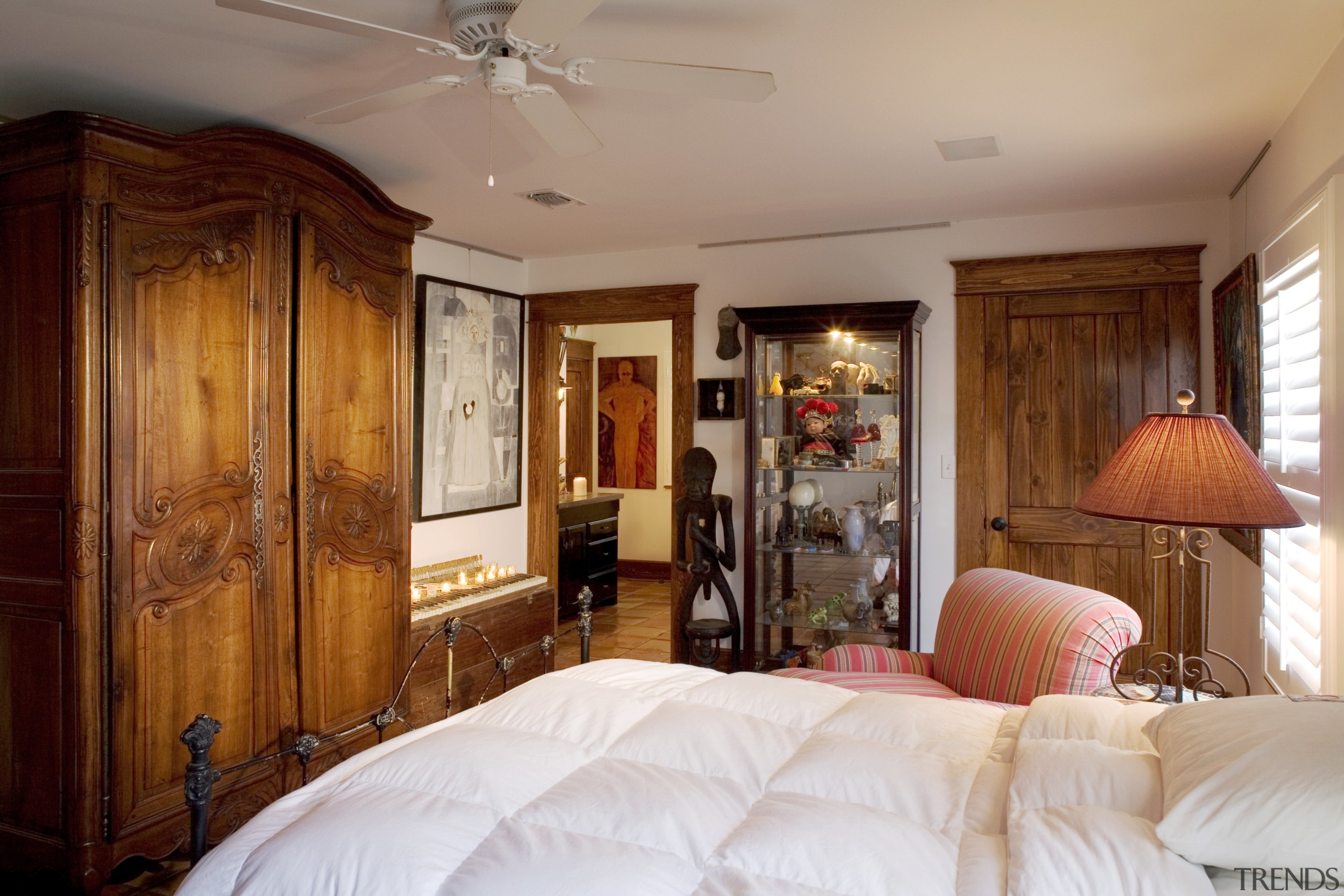 View of the master bedroom with white linen, bed, bedroom, ceiling, estate, furniture, home, interior design, property, real estate, room, suite, brown