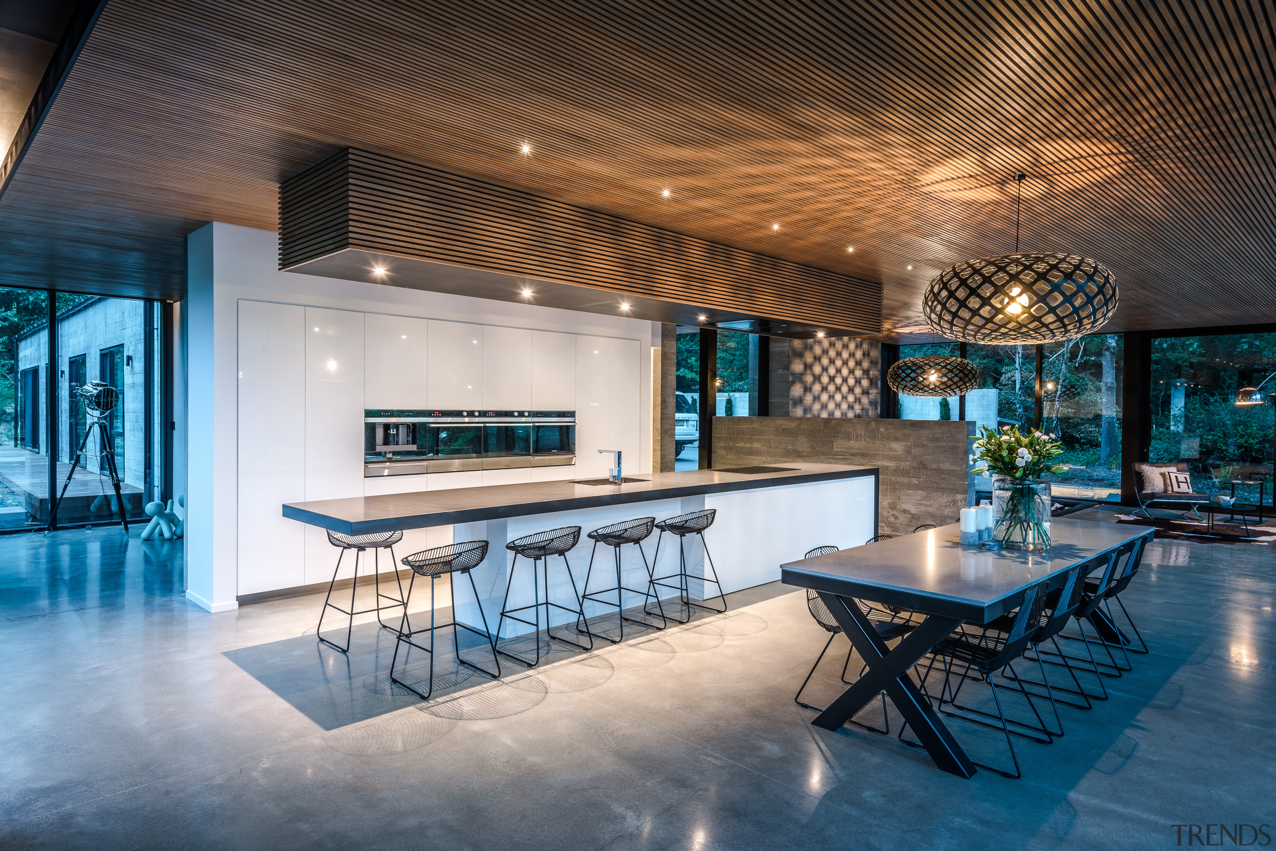 This contemporary centrepiece kitchen, by designer Kirsty Davis, architecture, house, interior design, dining table, white kitchen, contemporary kitchen, kirsty davis, kitchen designer, tile floor, bar stools