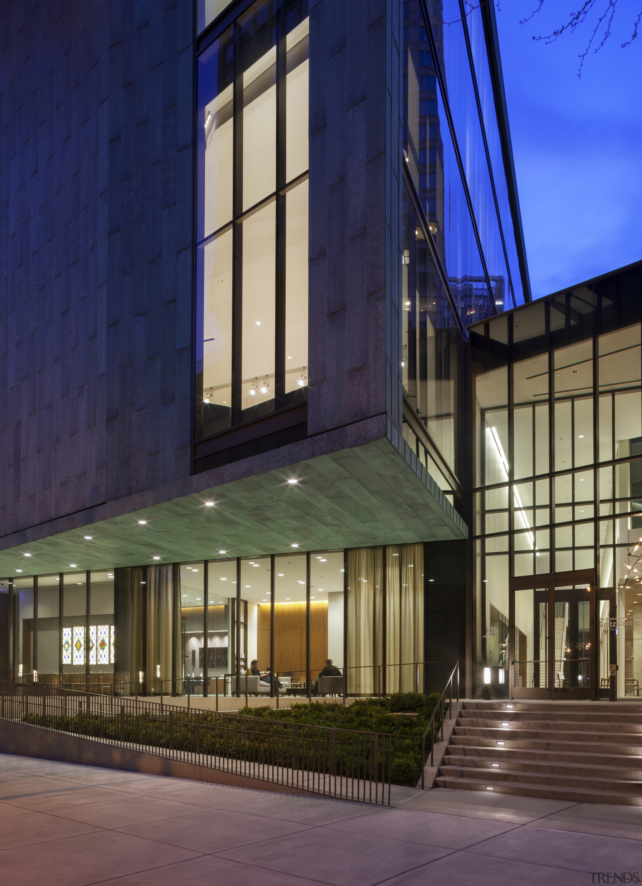 A contemporary addition to the Fourth Presbyterian Church, architecture, building, commercial building, condominium, corporate headquarters, facade, headquarters, home, house, metropolitan area, mixed use, real estate, residential area, window, blue