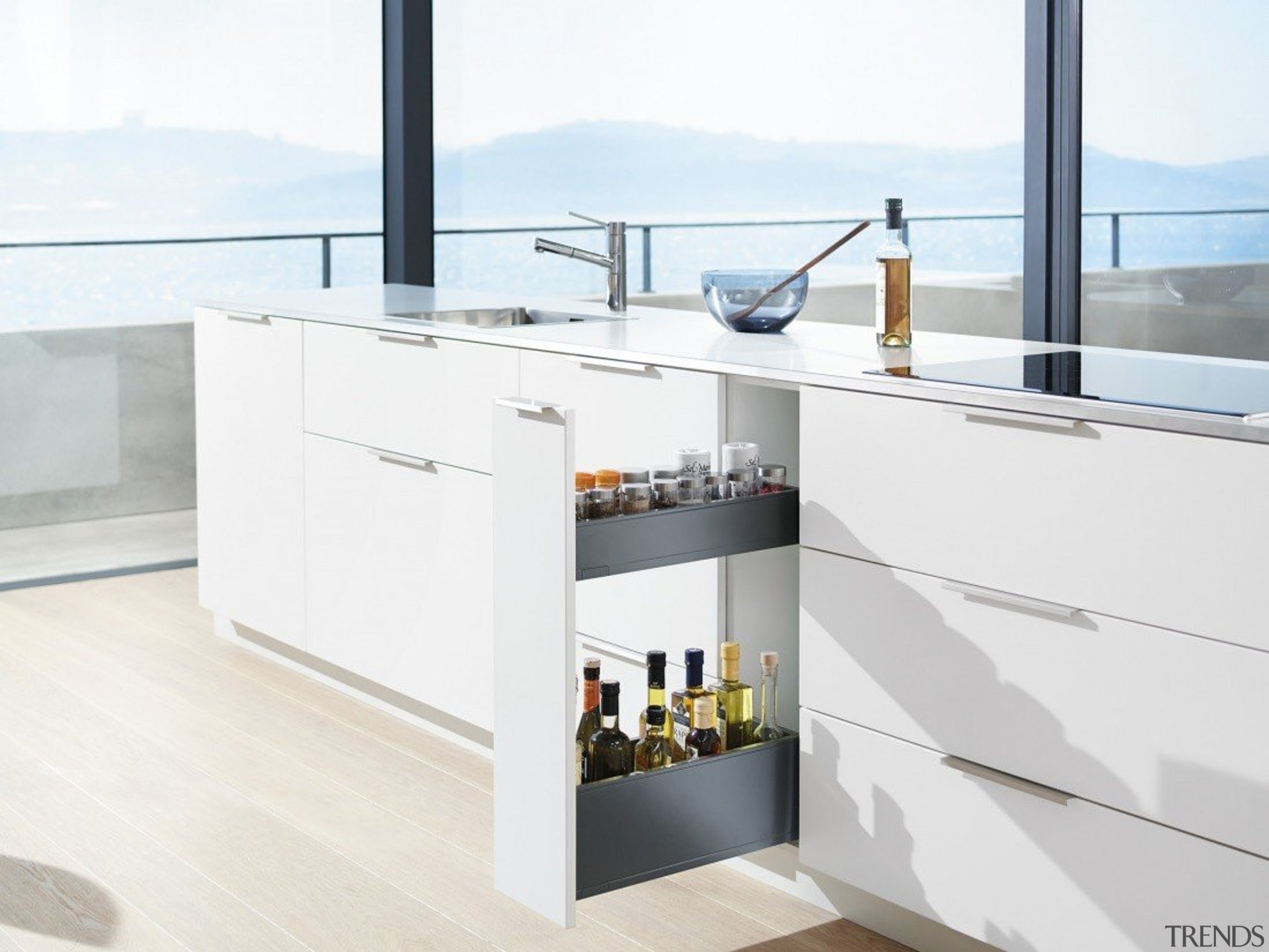 Blum's idea for narrow cabinets offers a simple furniture, kitchen, product, table, tap, white