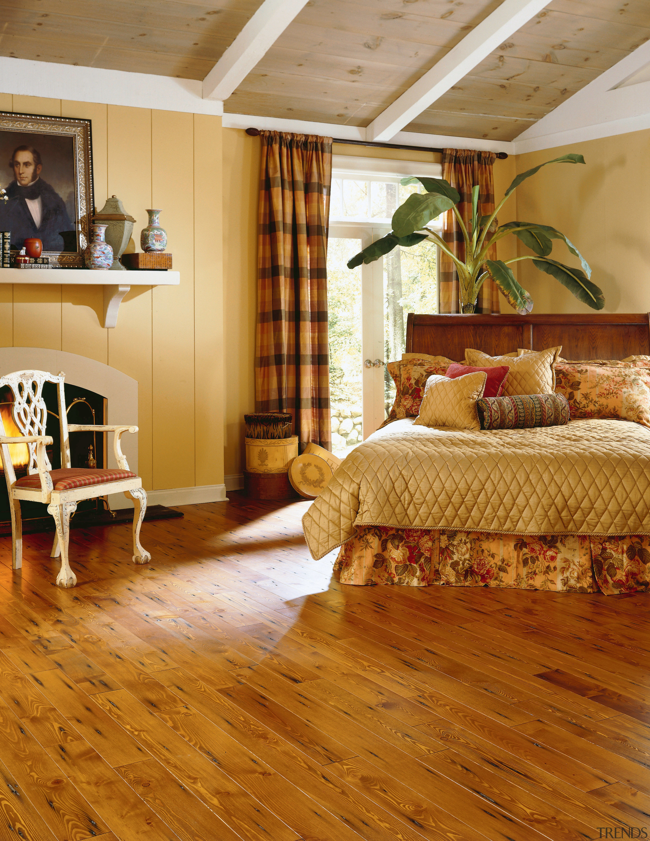 A view of some wooden flooring by Anderson bed, bed frame, bedroom, ceiling, floor, flooring, hardwood, home, interior design, laminate flooring, living room, room, wall, wood, wood flooring, brown