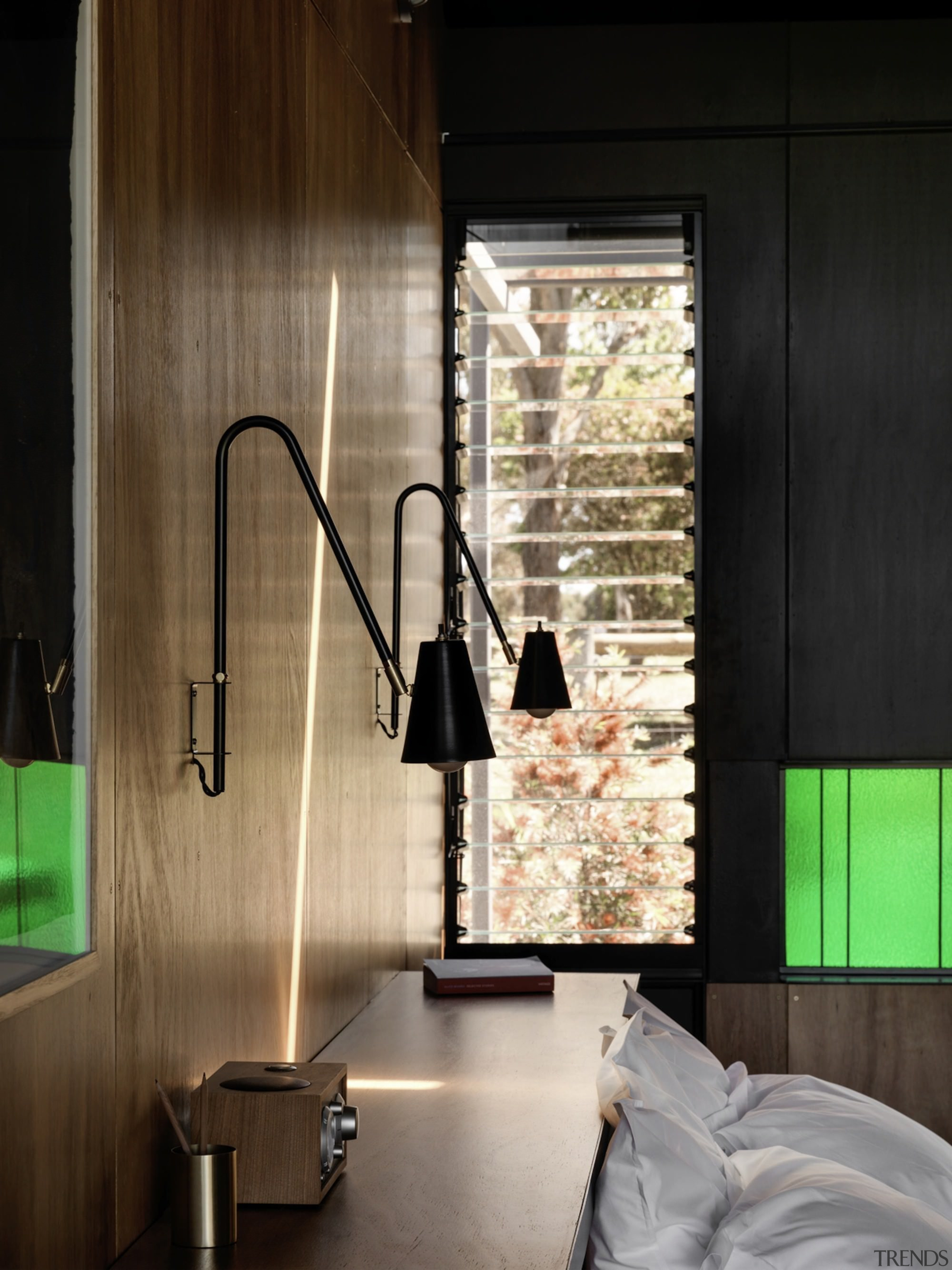 Six Degrees and Round Studio worked hard to architecture, ceiling, glass, home, house, interior design, lamp, light fixture, lighting, room, wall, window, black