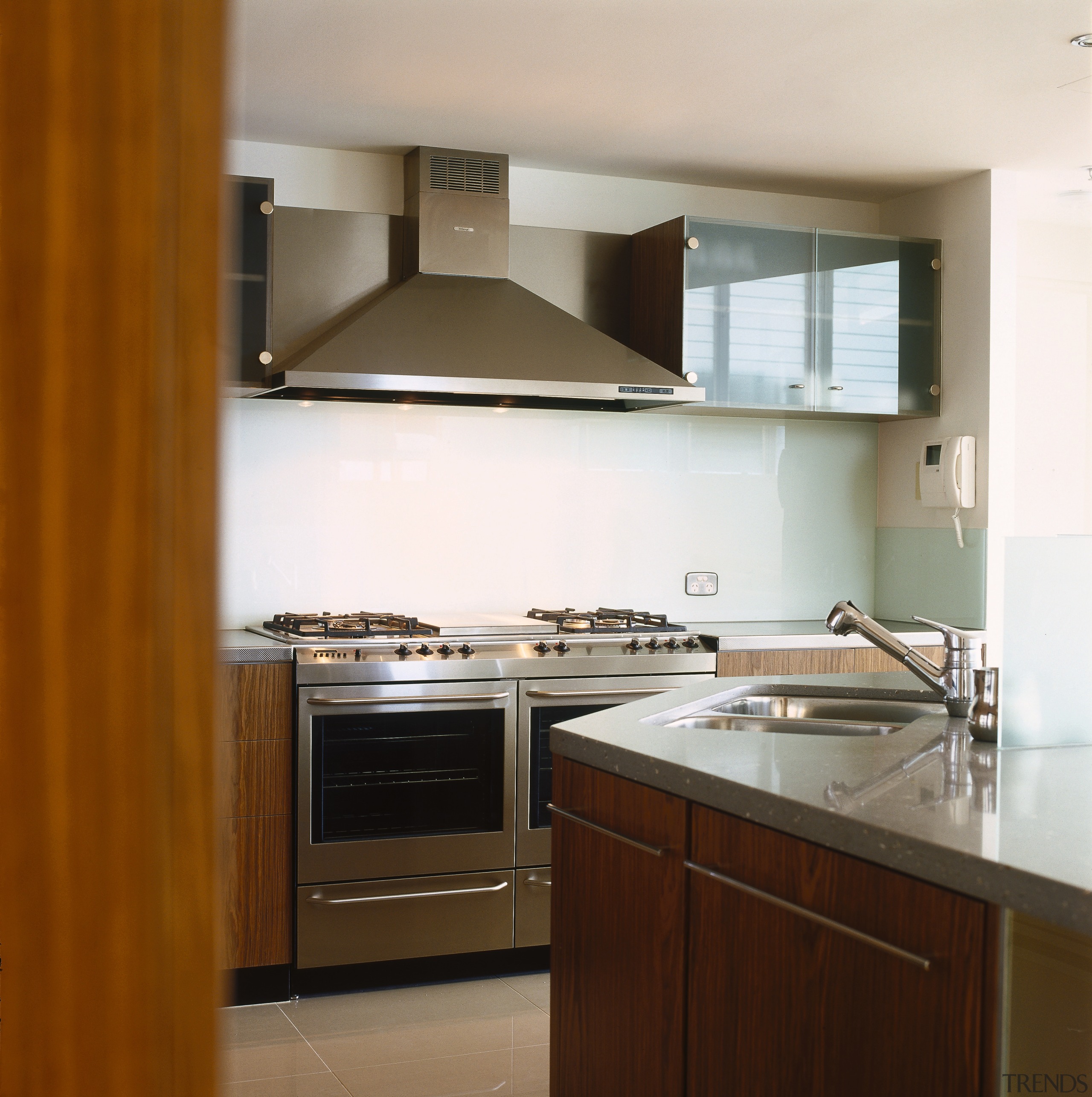 view of the stainless steel kleenmaid kitchen appliances cabinetry, countertop, cuisine classique, home appliance, interior design, kitchen, property, room, brown, white