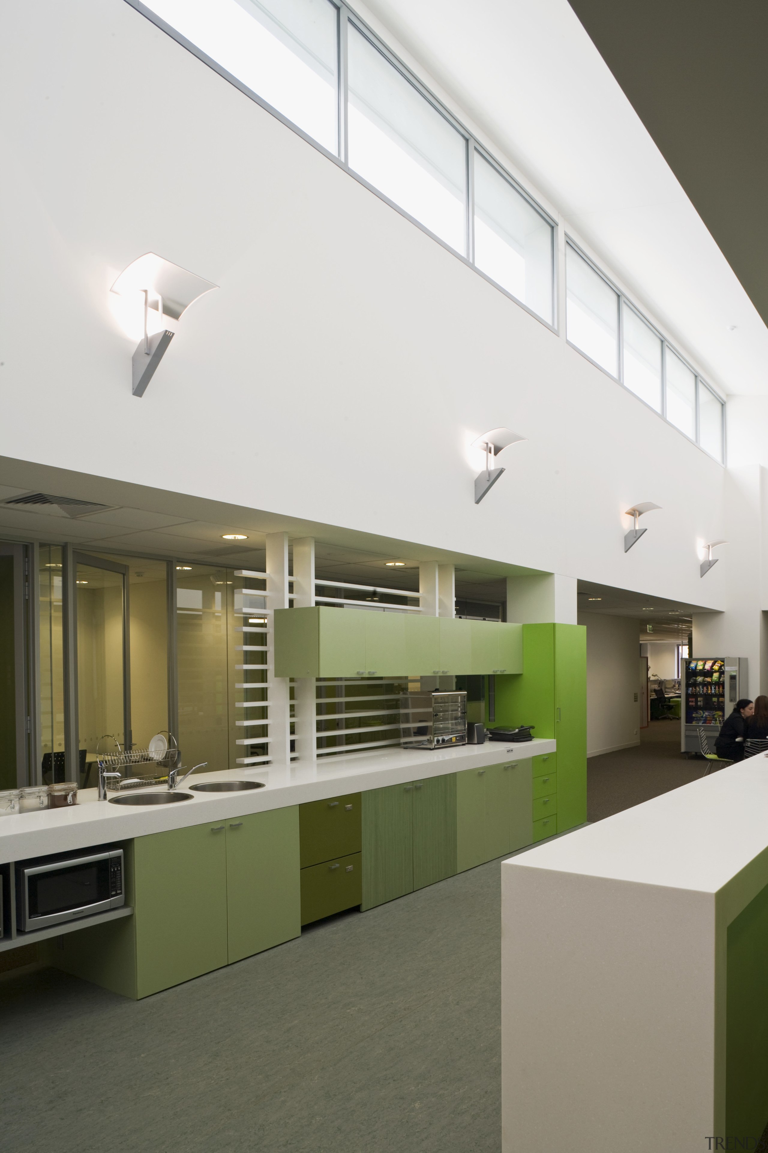 view of the sustainable Bendigo Bank offices where architecture, ceiling, daylighting, house, interior design, product design, white