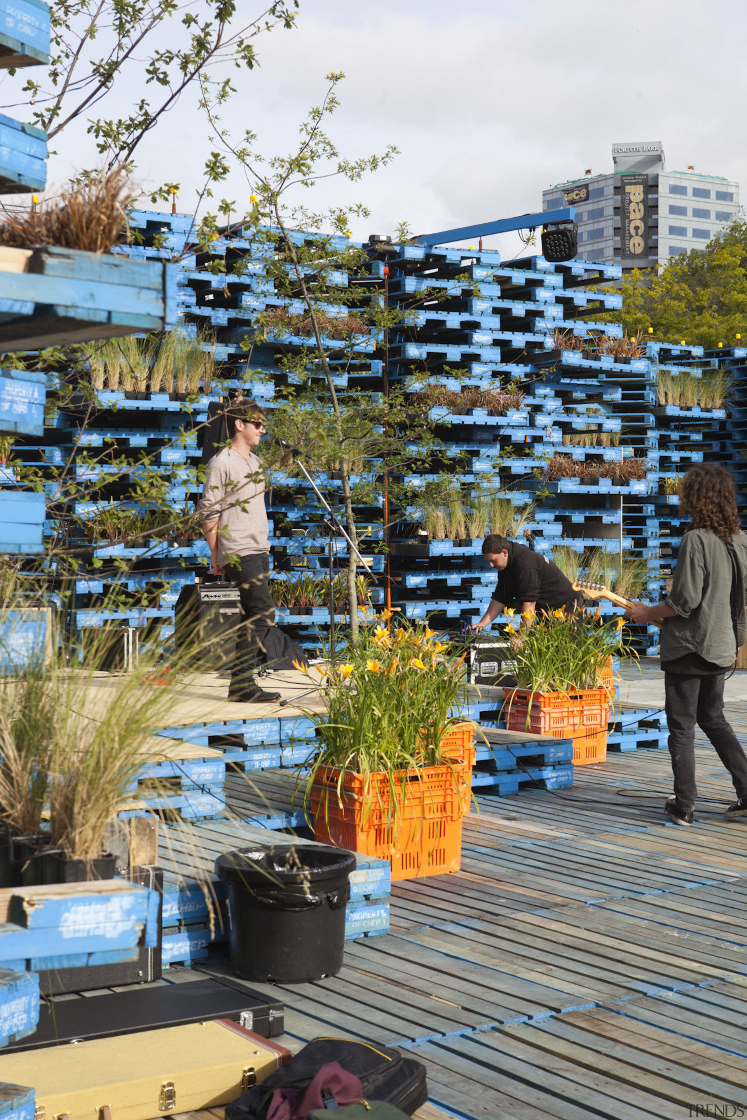 Summer Pallet Pavilion is another Gap Filler initiative. city, leisure, outdoor structure, plant, recreation, tree, water