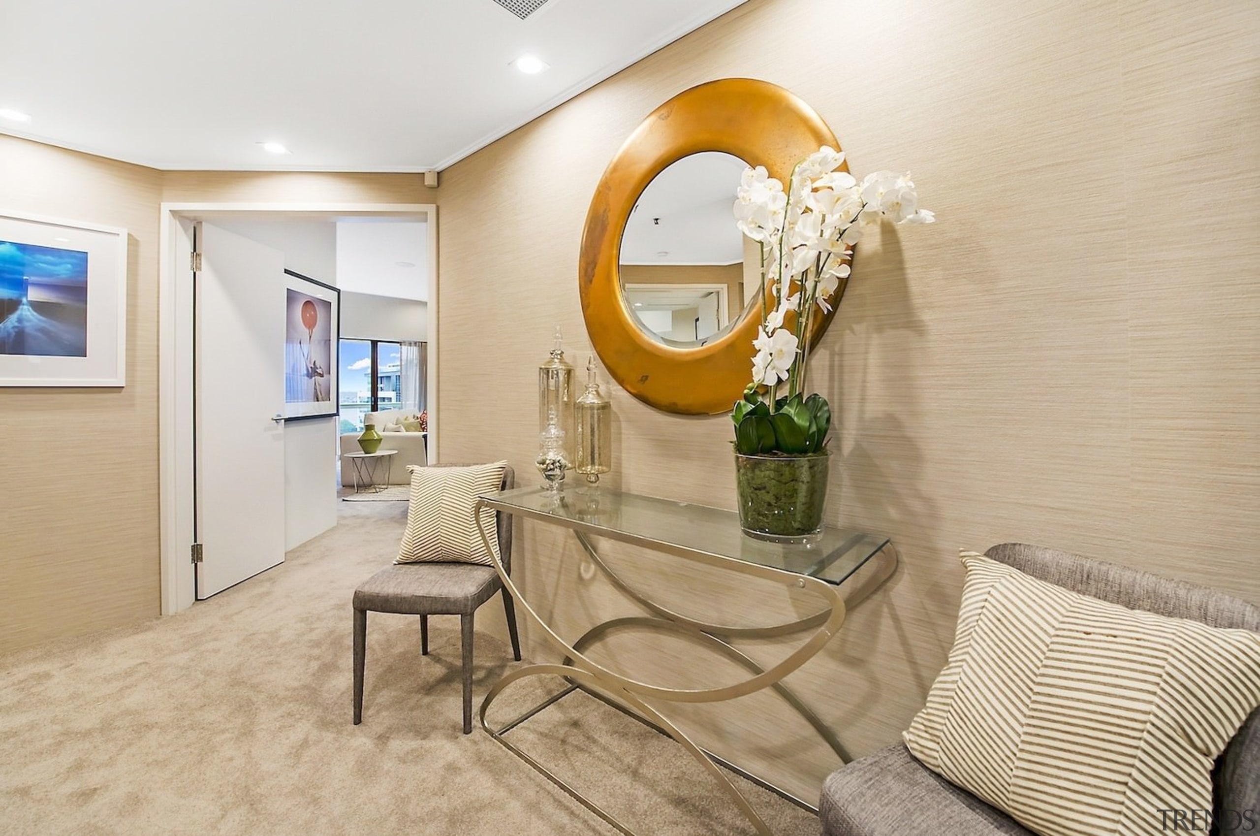 This round mirror is undeniably the centre of ceiling, home, interior design, real estate, room, suite, gray