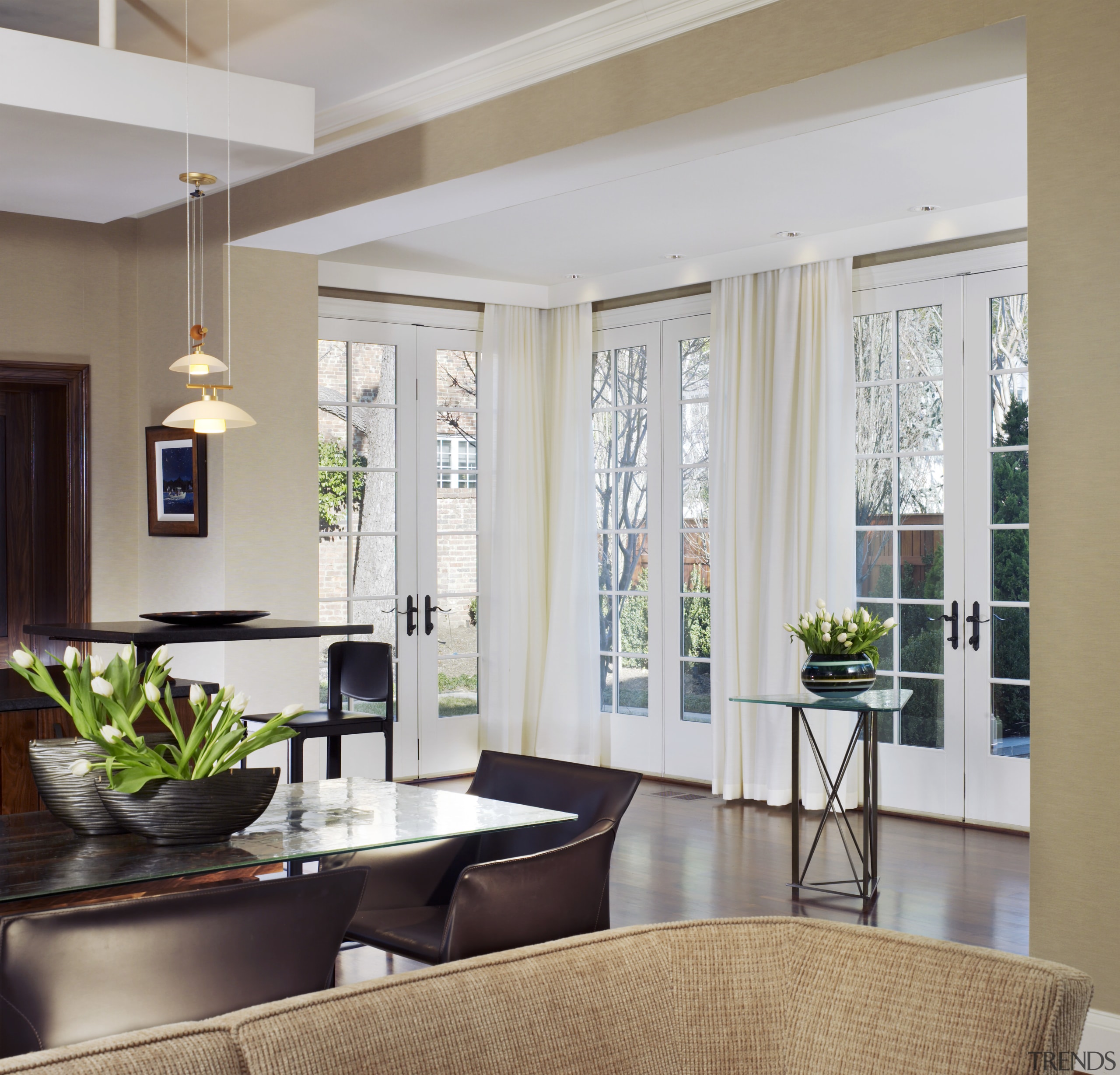 This house was remodeled by architect Ankie Barnes ceiling, curtain, dining room, door, home, interior design, living room, room, window, window blind, window covering, window treatment, gray