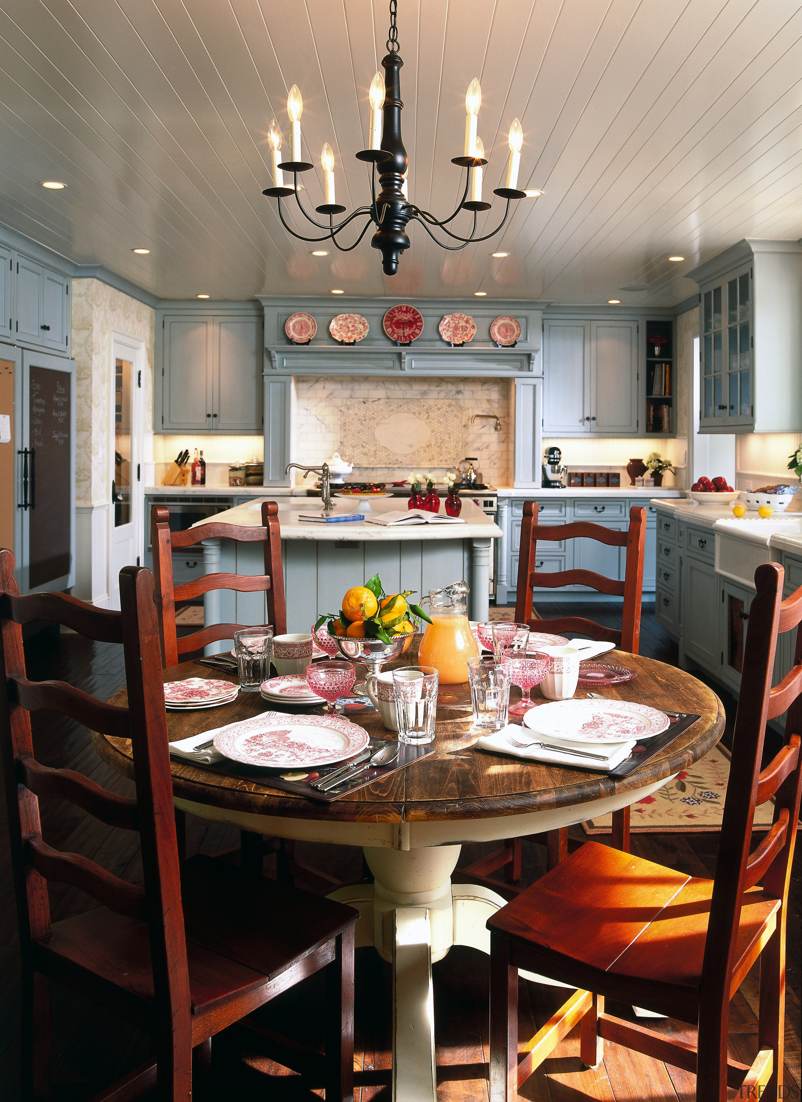 The view of a traditional kitchen from the dining room, furniture, home, interior design, kitchen, living room, room, table, gray, black