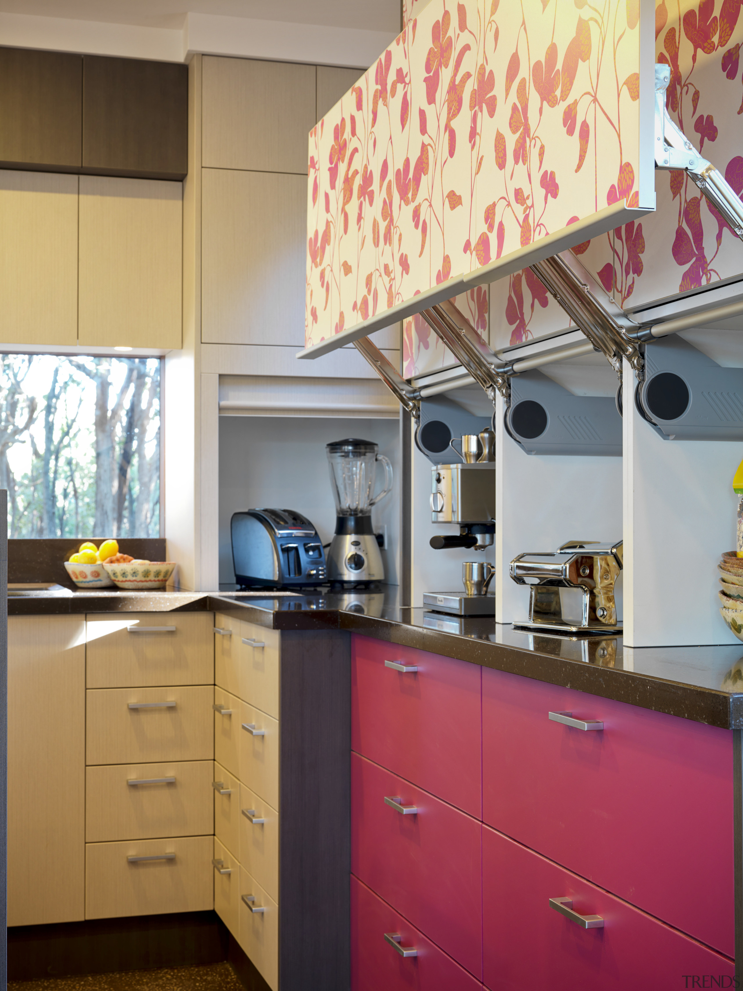 This extension, set on a 20ha rural property, cabinetry, countertop, home, interior design, kitchen, room