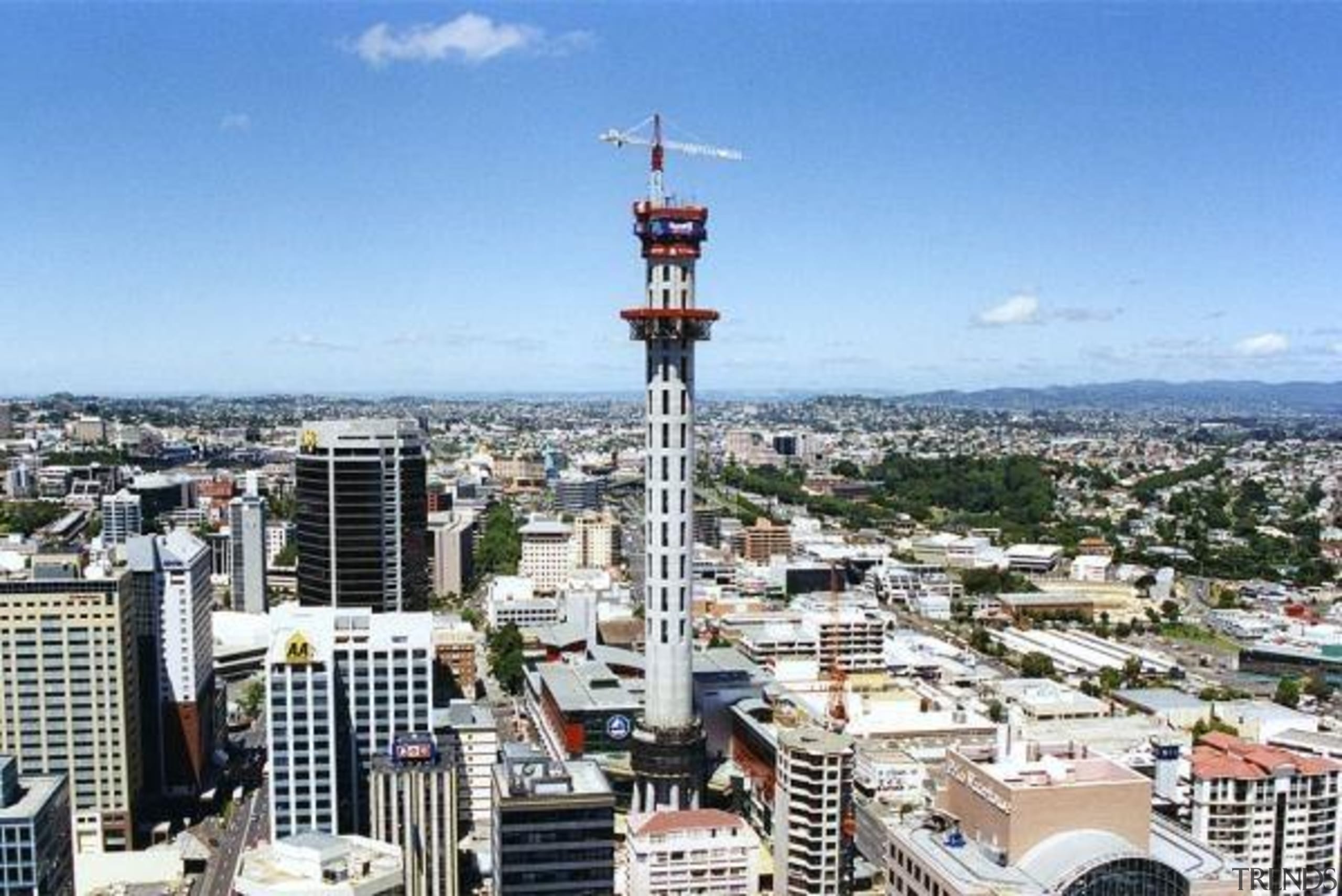 The Sky Tower during construction - The Sky bird's eye view, city, metropolis, metropolitan area, sky, skyline, skyscraper, tourist attraction, tower, tower block, urban area, teal, white