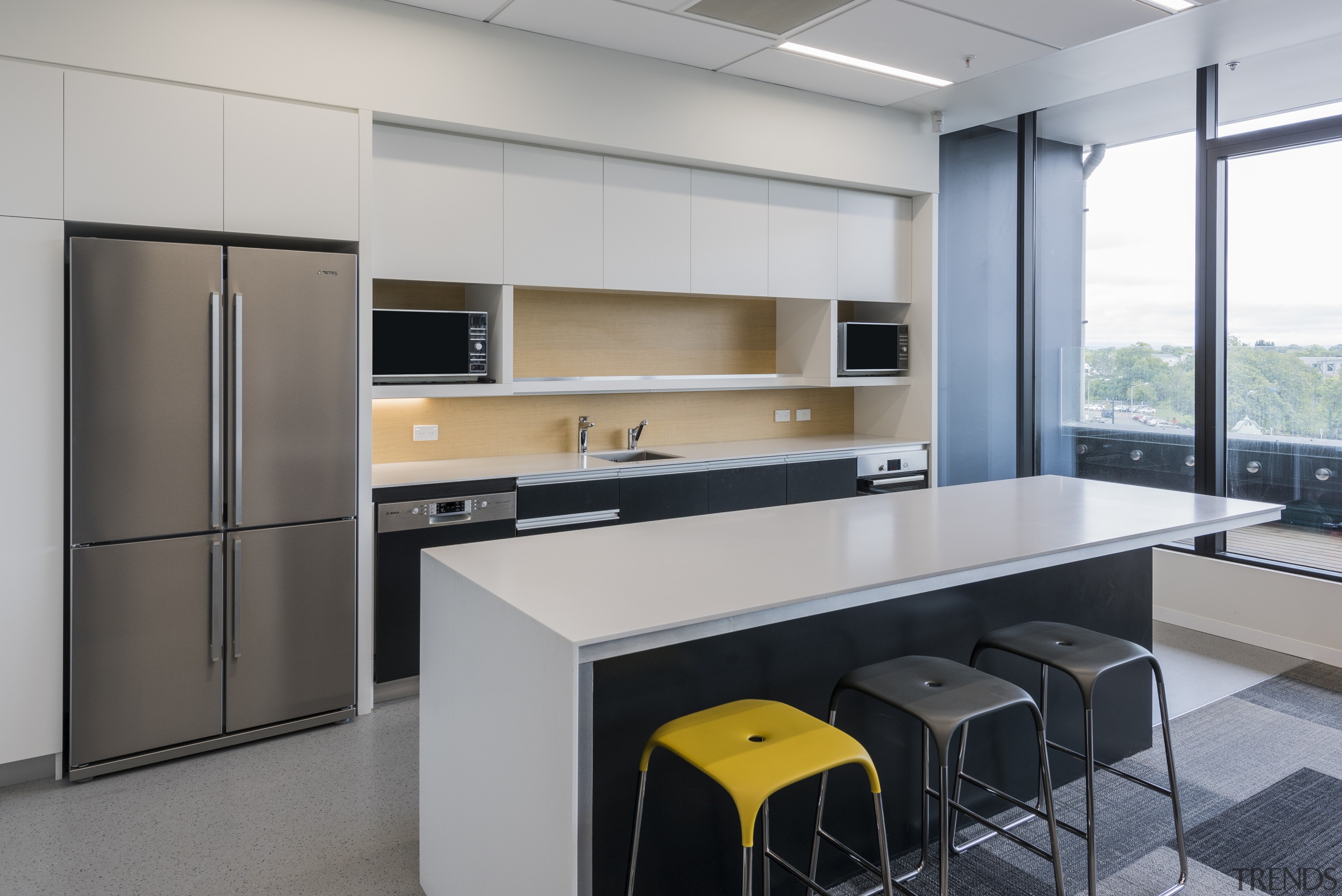 This kitchen in the new UniMed building offices cabinetry, countertop, interior design, kitchen, office, product design, gray