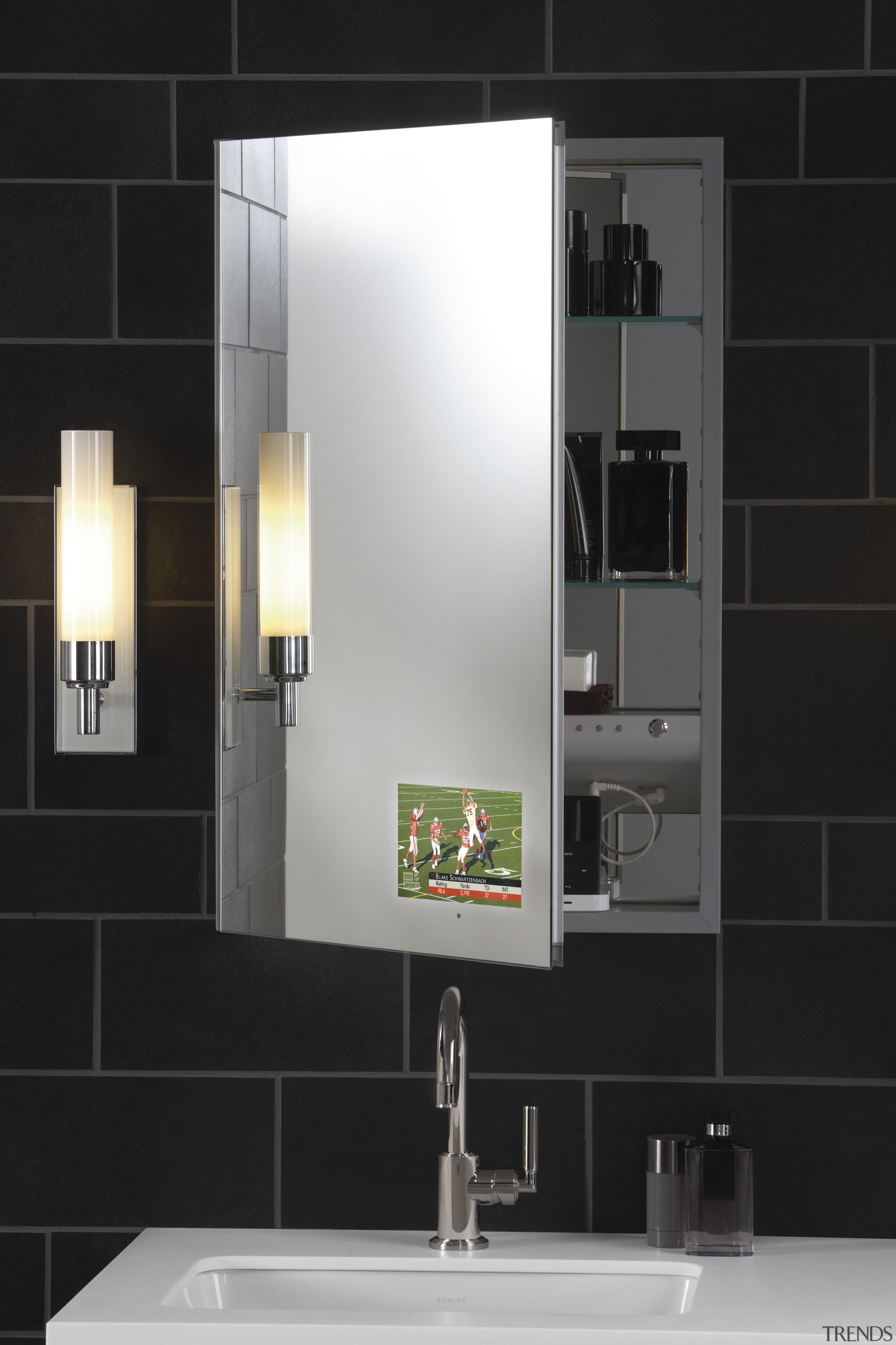 This bathroom fitting was designed by the Kohler bathroom, bathroom accessory, bathroom cabinet, interior design, product design, sink, black