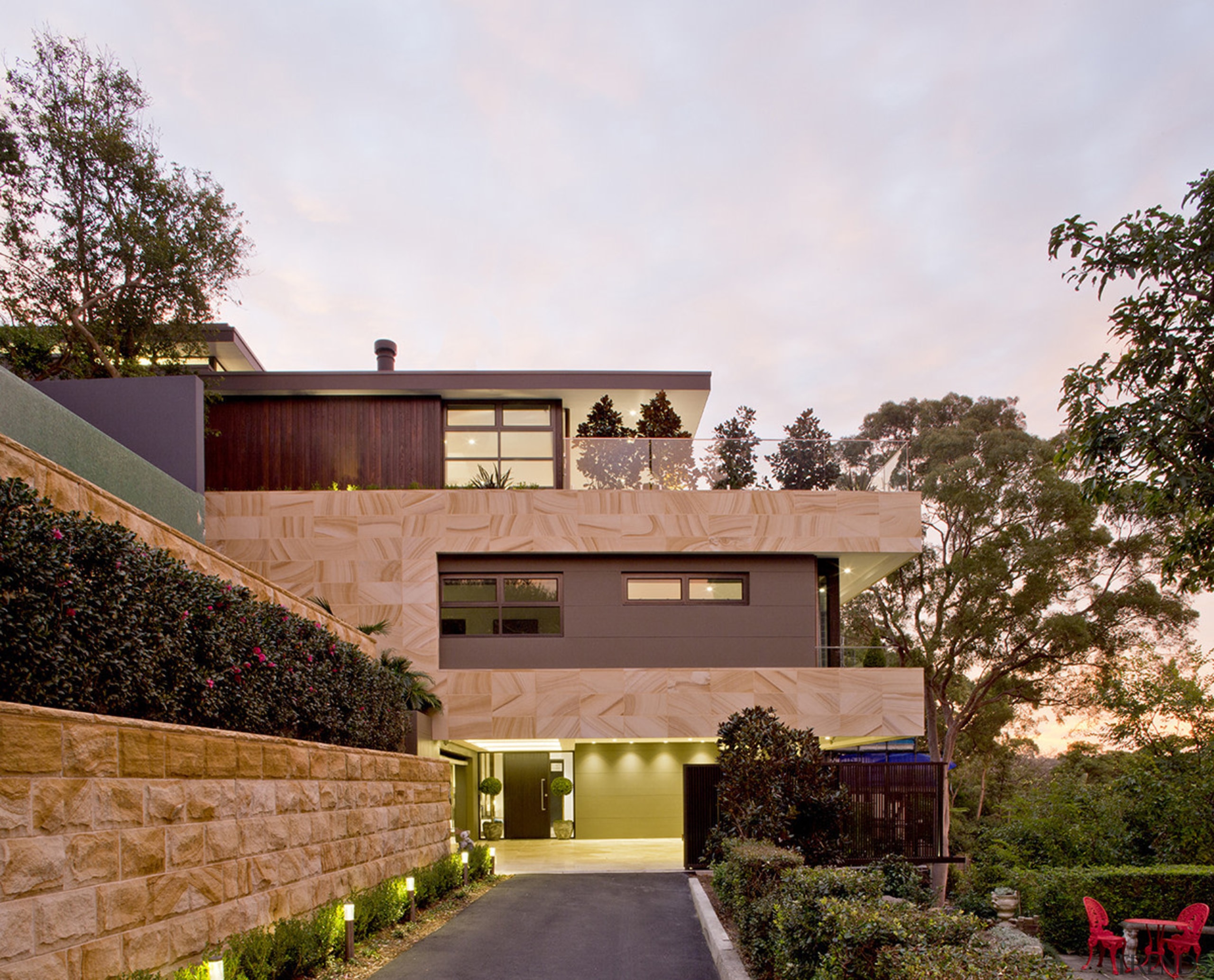 A facade of sandstone and thermally modified timbers architecture, cottage, estate, facade, home, house, property, real estate, residential area, white, brown