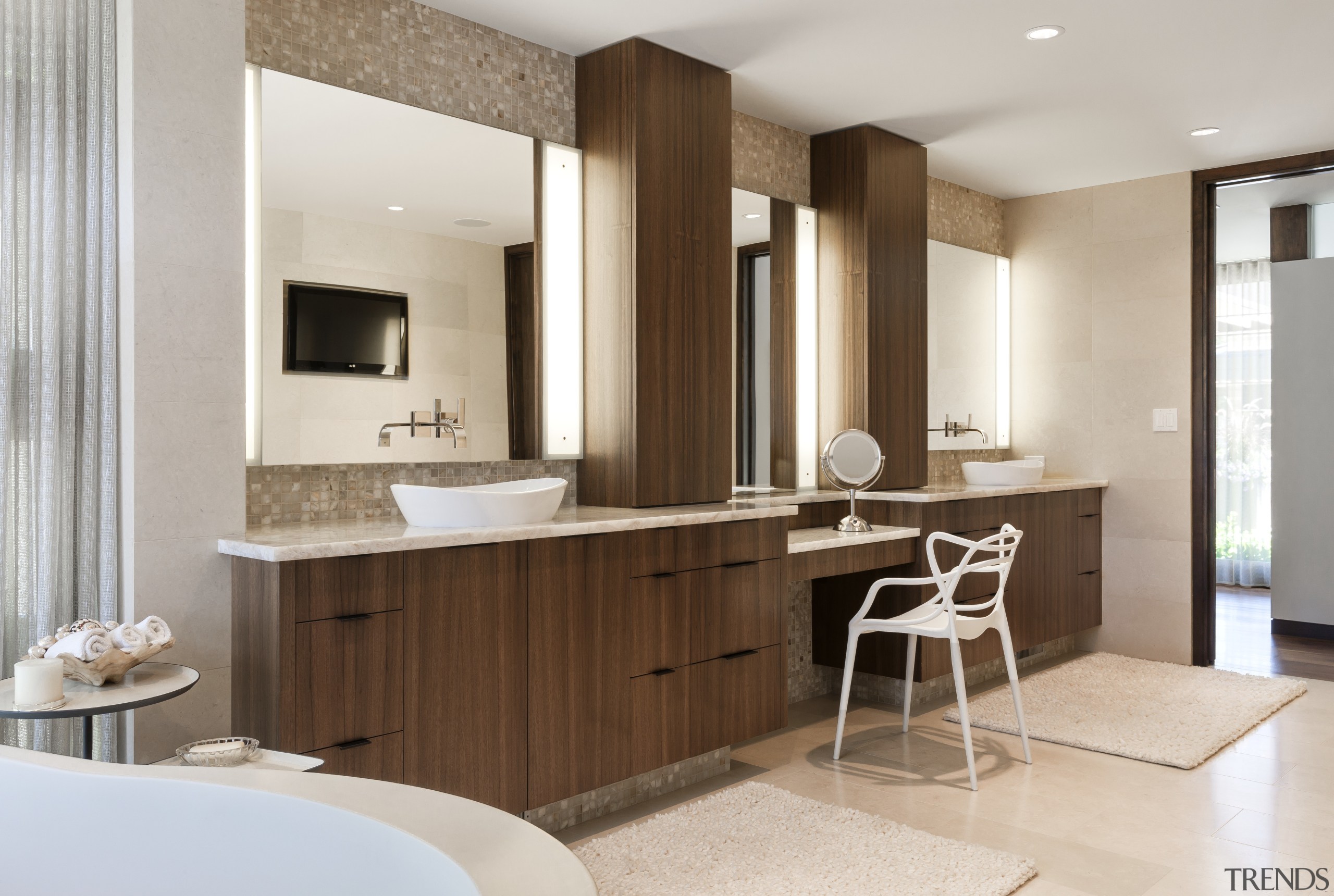 Cantilevered walnut vanity cabinets feature in this master bathroom, bathroom accessory, cabinetry, countertop, cuisine classique, floor, interior design, kitchen, room, sink, gray, brown