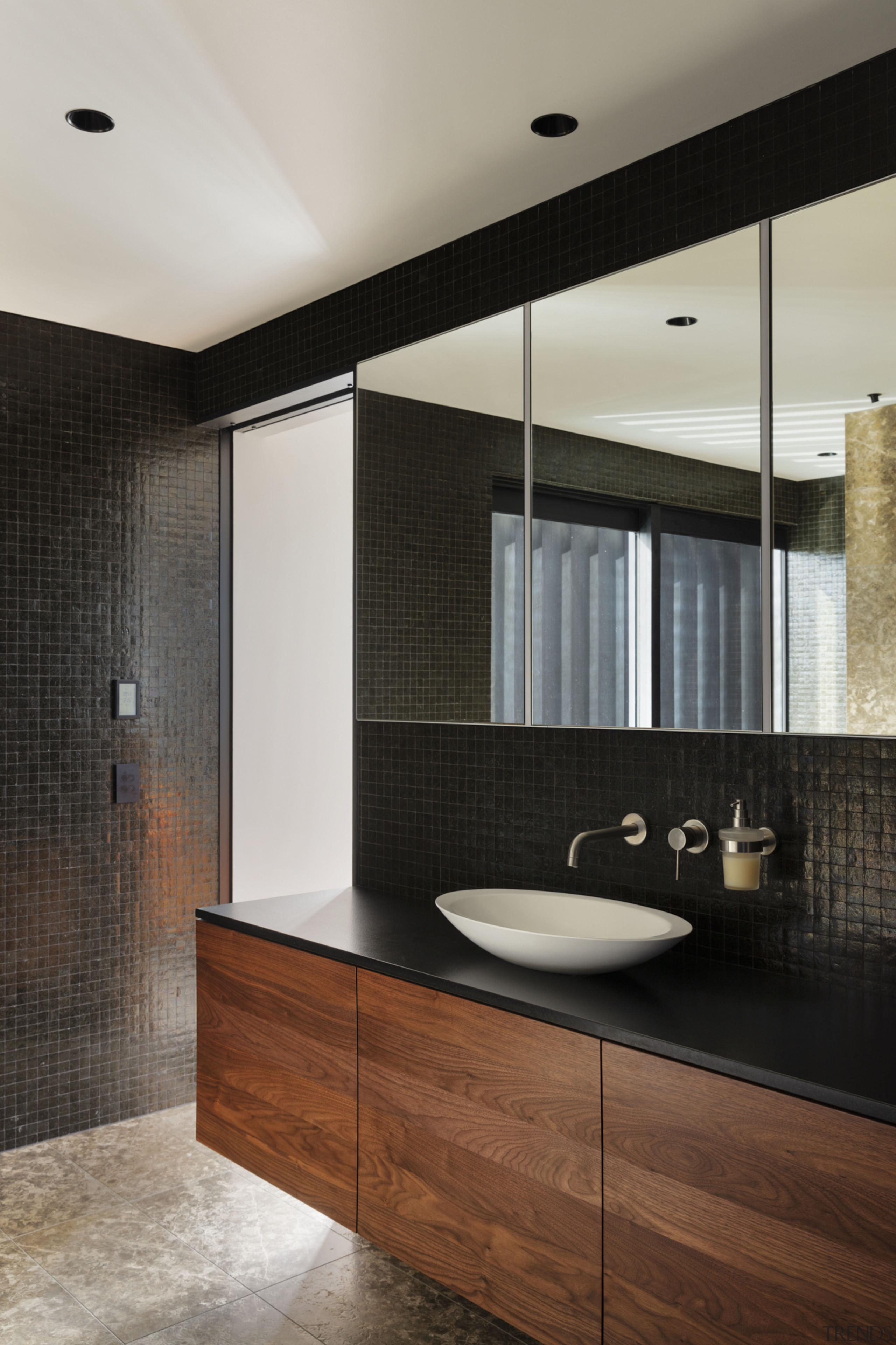 1970's home becomes a modern entertainer's dream - architecture, bathroom, bathroom accessory, bathroom cabinet, building, cabinetry, ceiling, countertop, floor, flooring, furniture, home, house, interior design, material property, plumbing fixture, property, real estate, room, sink, tap, tile, wall, gray, black