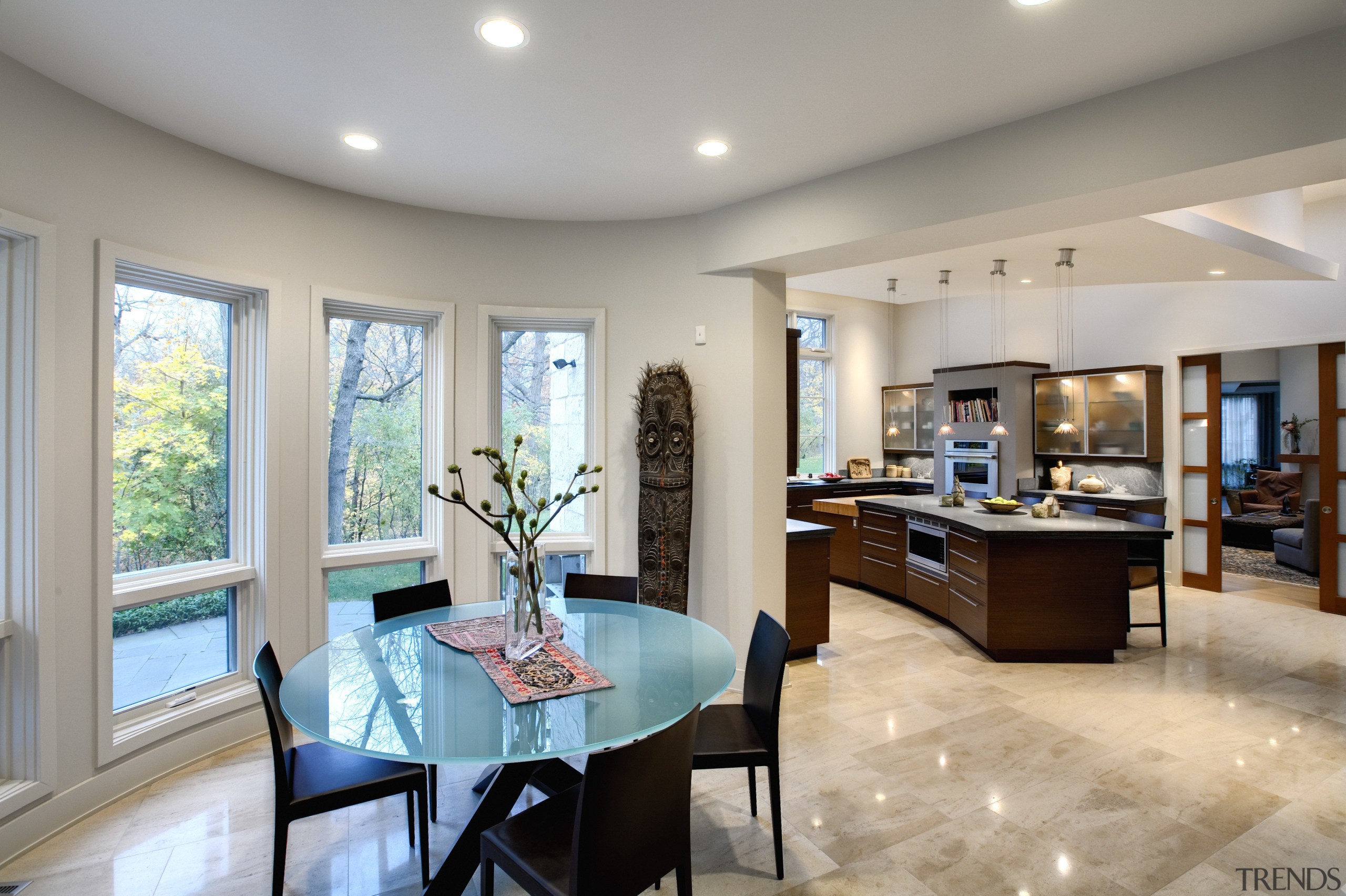 View of kitchen and dining area featuring glass ceiling, dining room, estate, home, interior design, living room, real estate, room, gray