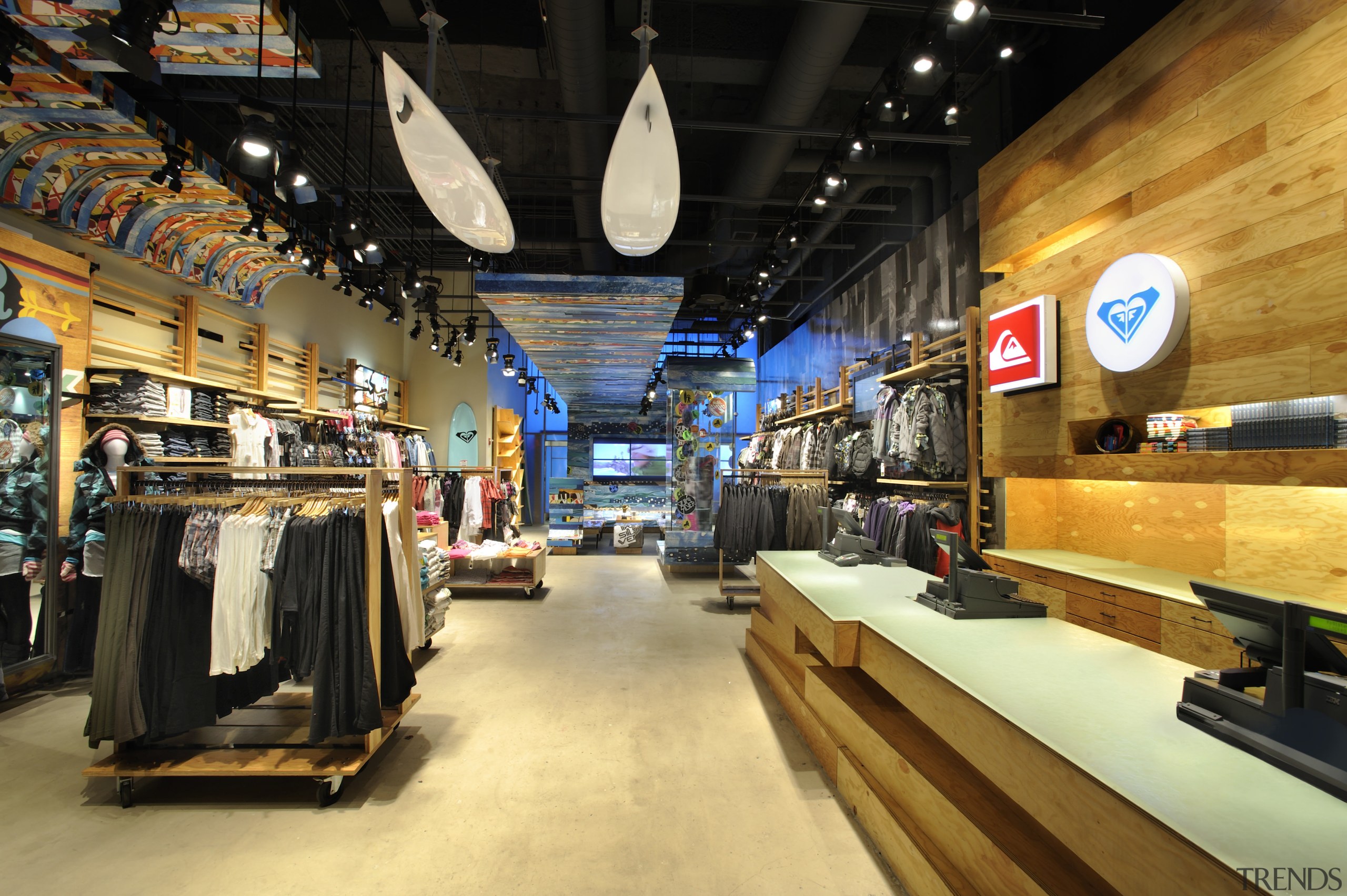 Interior view of the Quicksilver store in New retail, black, orange