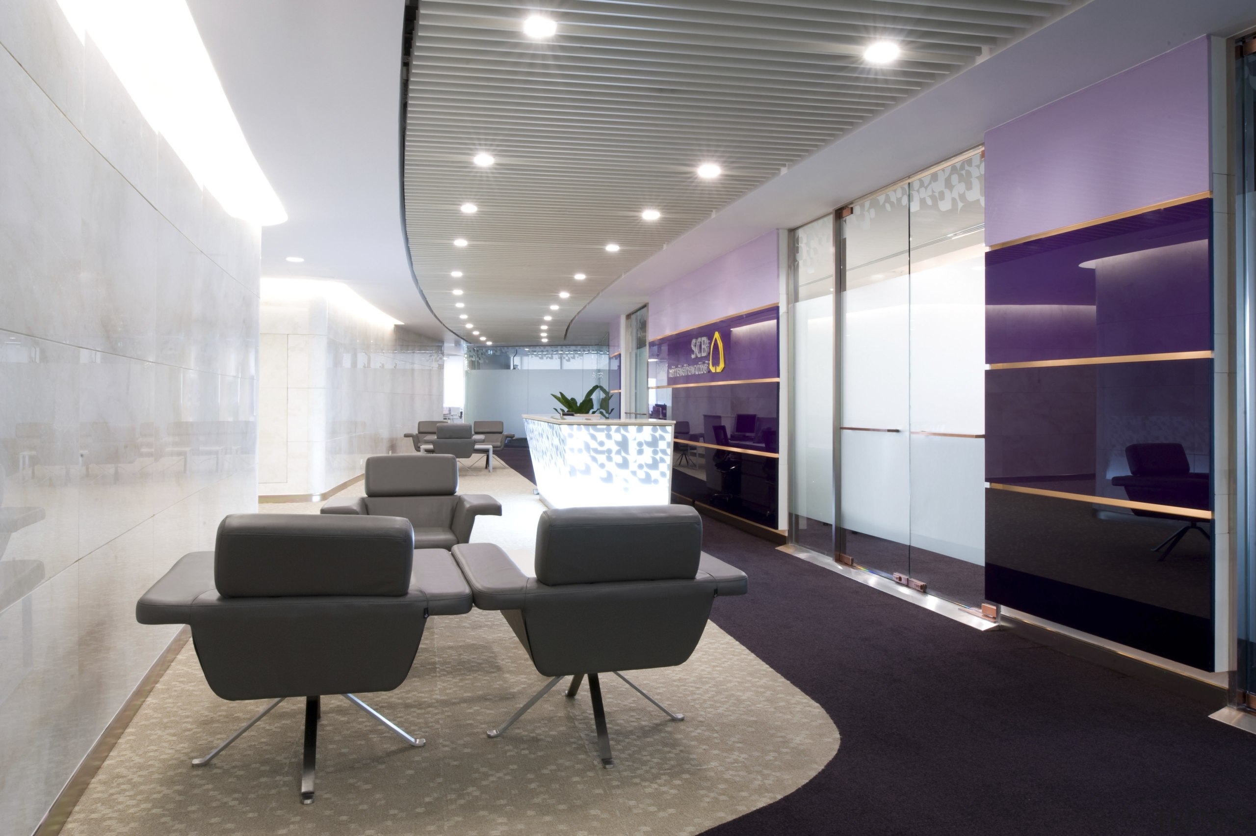 View of seating area with purple accents and architecture, ceiling, furniture, interior design, lobby, office, product design, white, gray