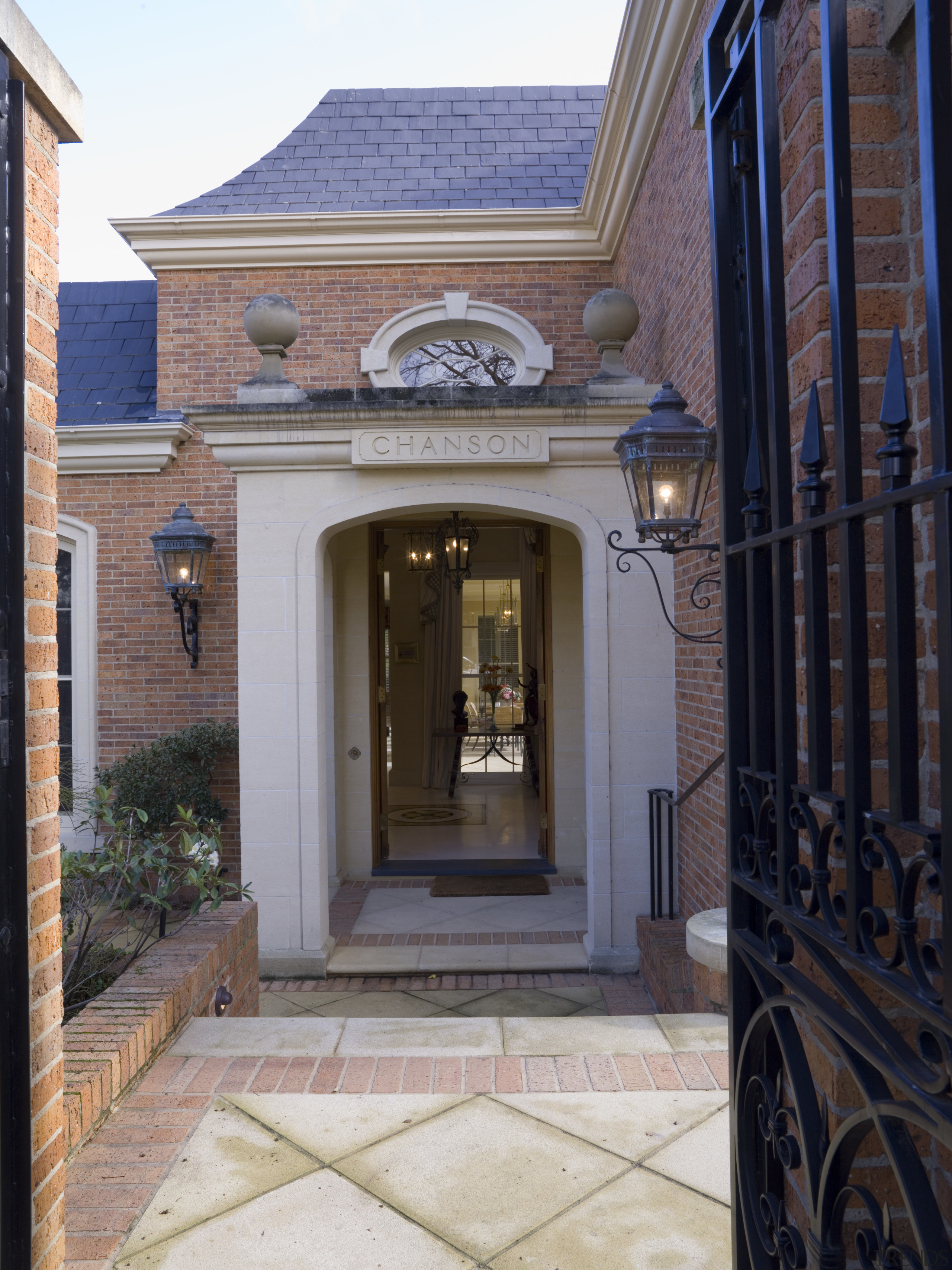 A mix of small, 50mm bricks and limestone architecture, brick, building, courtyard, door, estate, facade, home, house, porch, real estate, window, gray, black