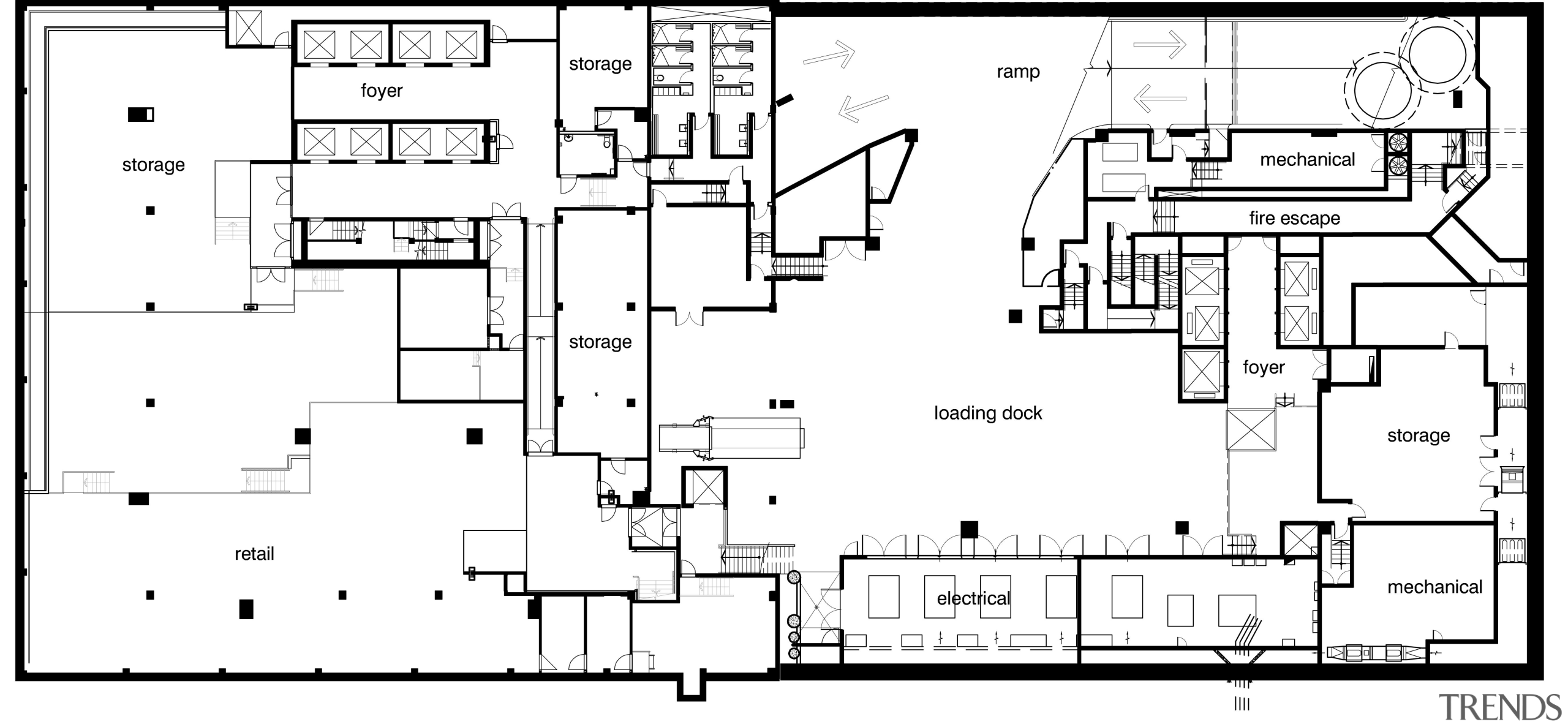 View of office tower with retail podium with area, black and white, design, diagram, drawing, floor plan, font, line, plan, technical drawing, text, white