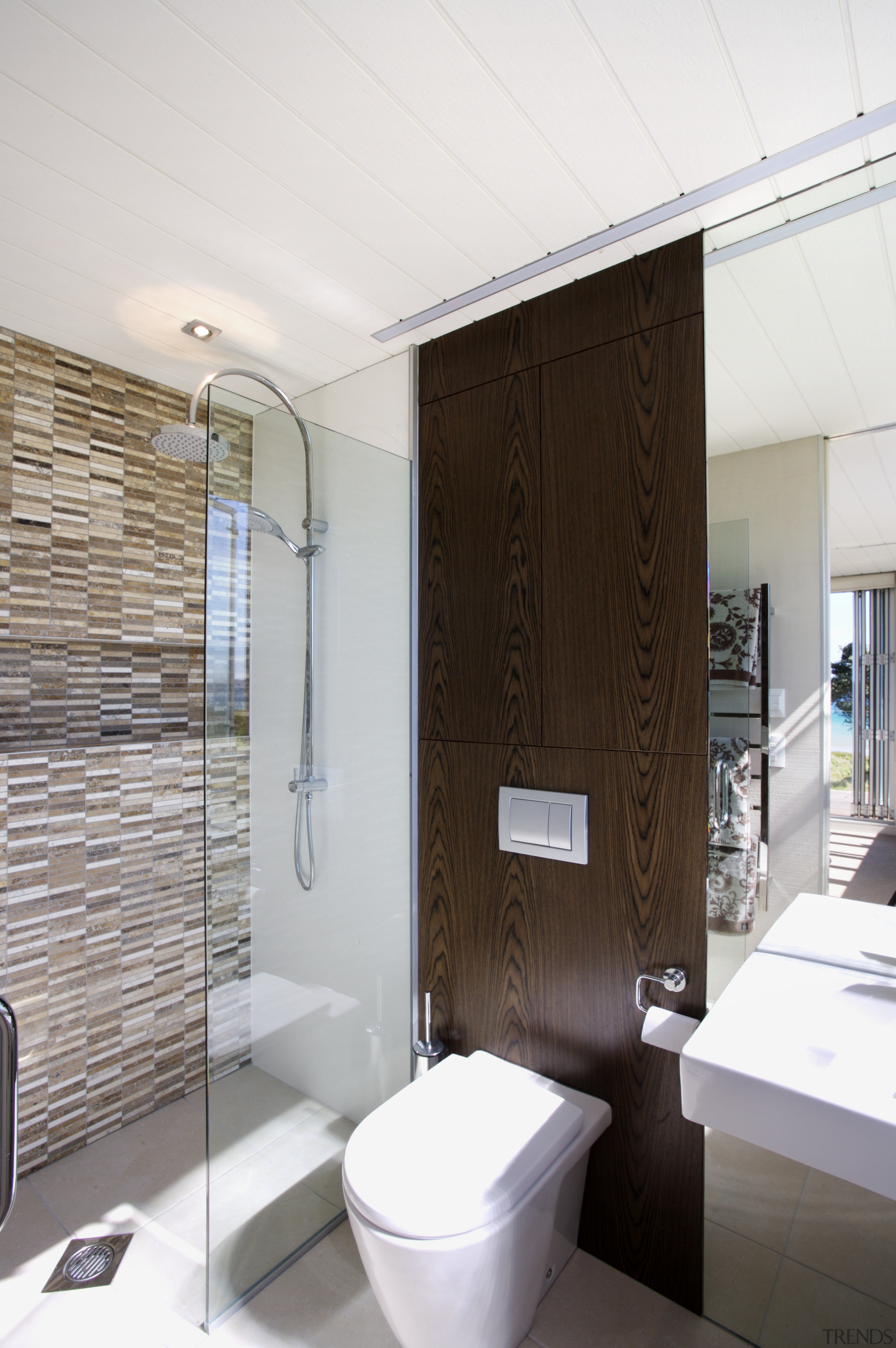 View of shower enclosure beside the toilet and architecture, bathroom, home, interior design, plumbing fixture, room, white, gray