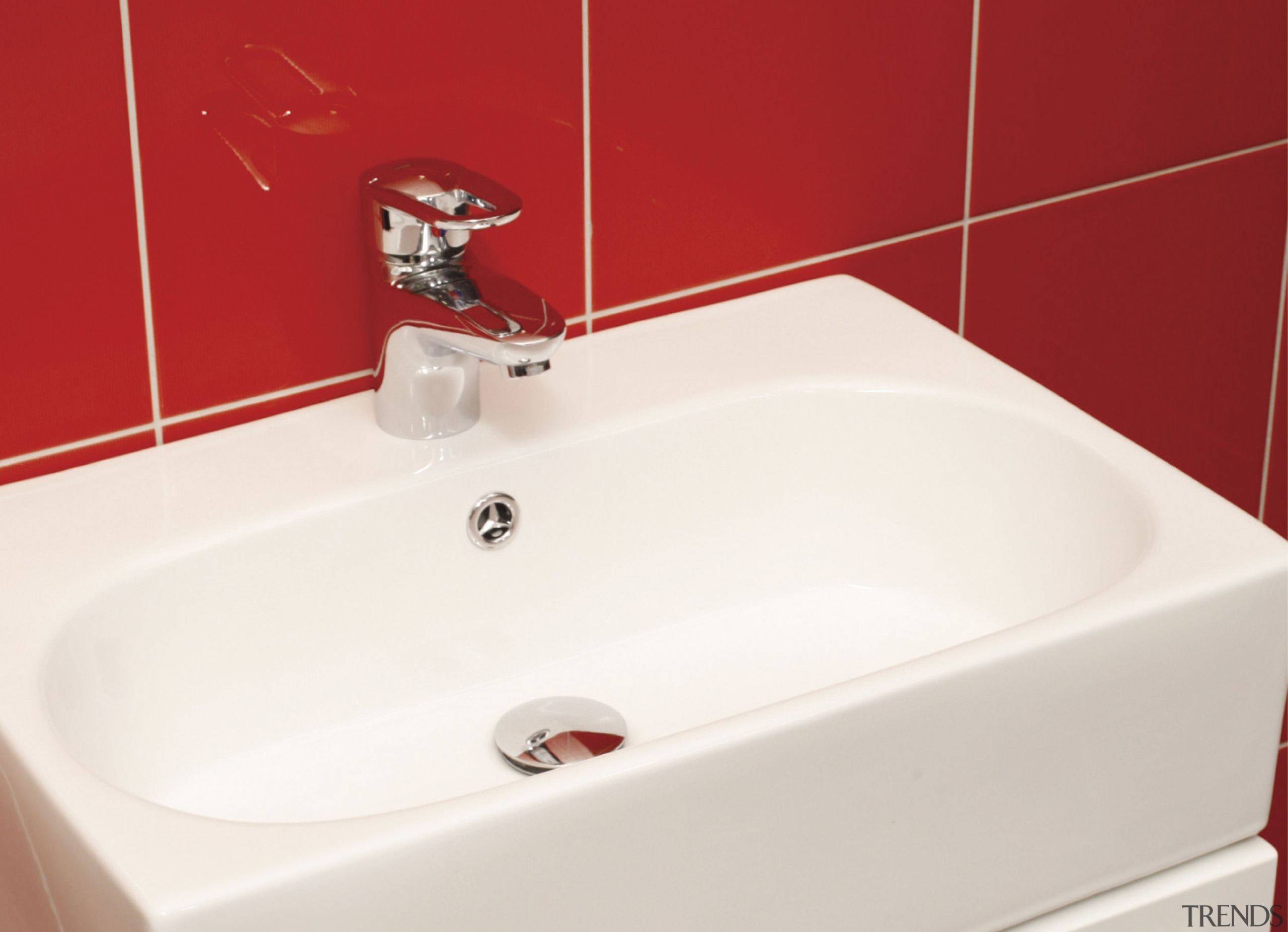 View of this contemporary bathroom - View of bathroom, bathroom sink, bidet, ceramic, plumbing fixture, product, product design, sink, tap, toilet seat, white, red