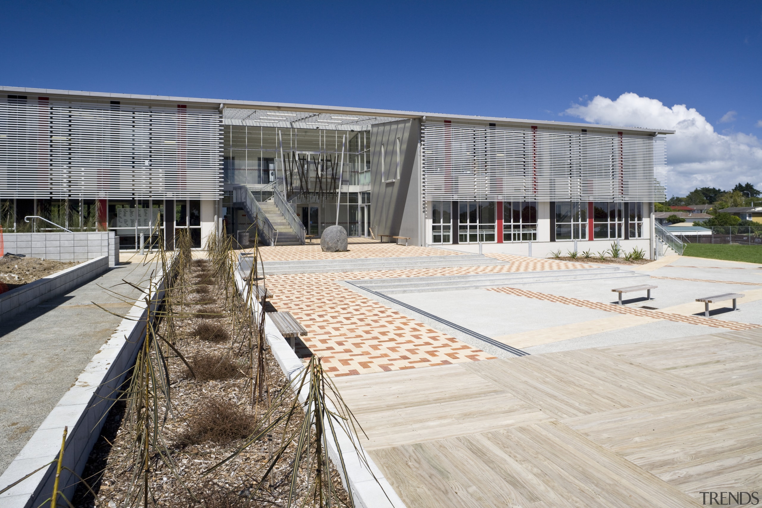 Exterior view of Tupuranga school which was designed architecture, building, corporate headquarters, leisure centre, real estate, white