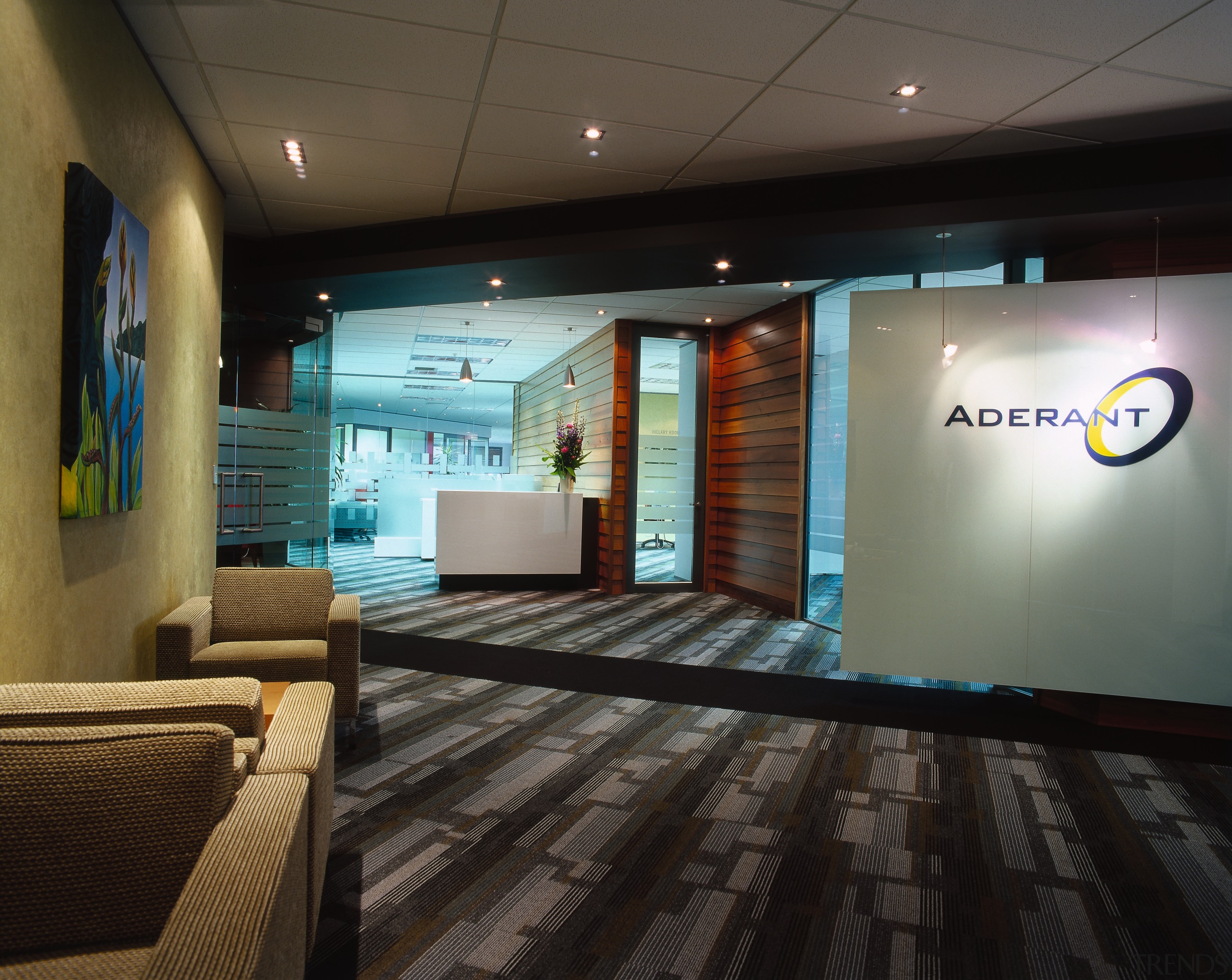 View of a seating area, coffee coloured seats, interior design, lobby, black