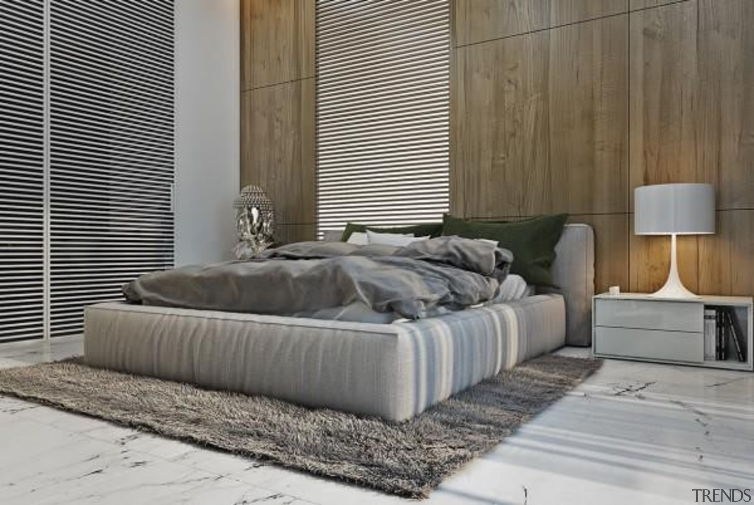 modern bedroom - Masculine Apartments - bed | bed, bed frame, bed sheet, box spring, couch, floor, furniture, home, interior design, mattress, wall, gray