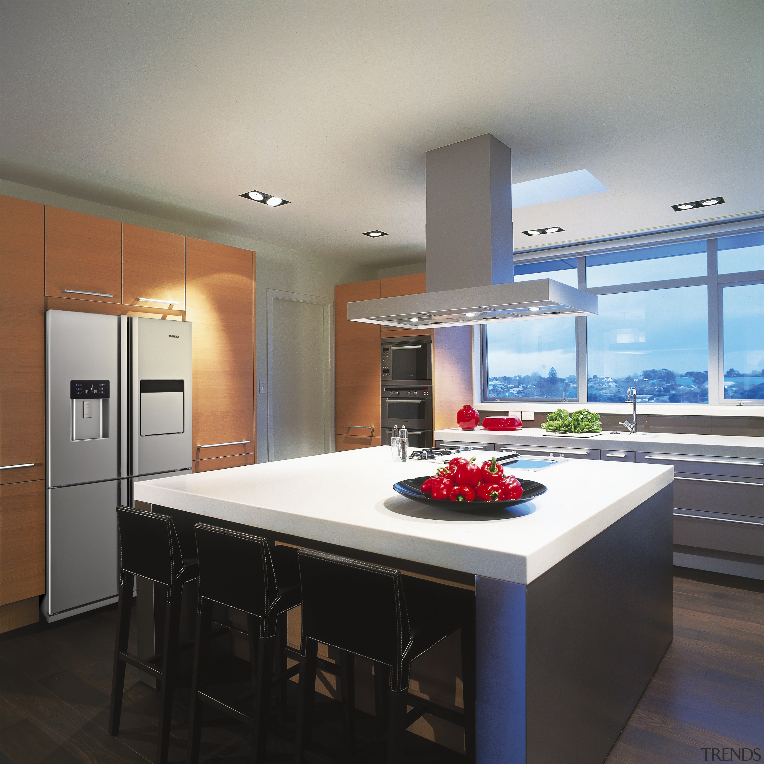 Kitchen with contemporary island with light toned benchtop. cabinetry, ceiling, countertop, interior design, kitchen, real estate, room, gray, black