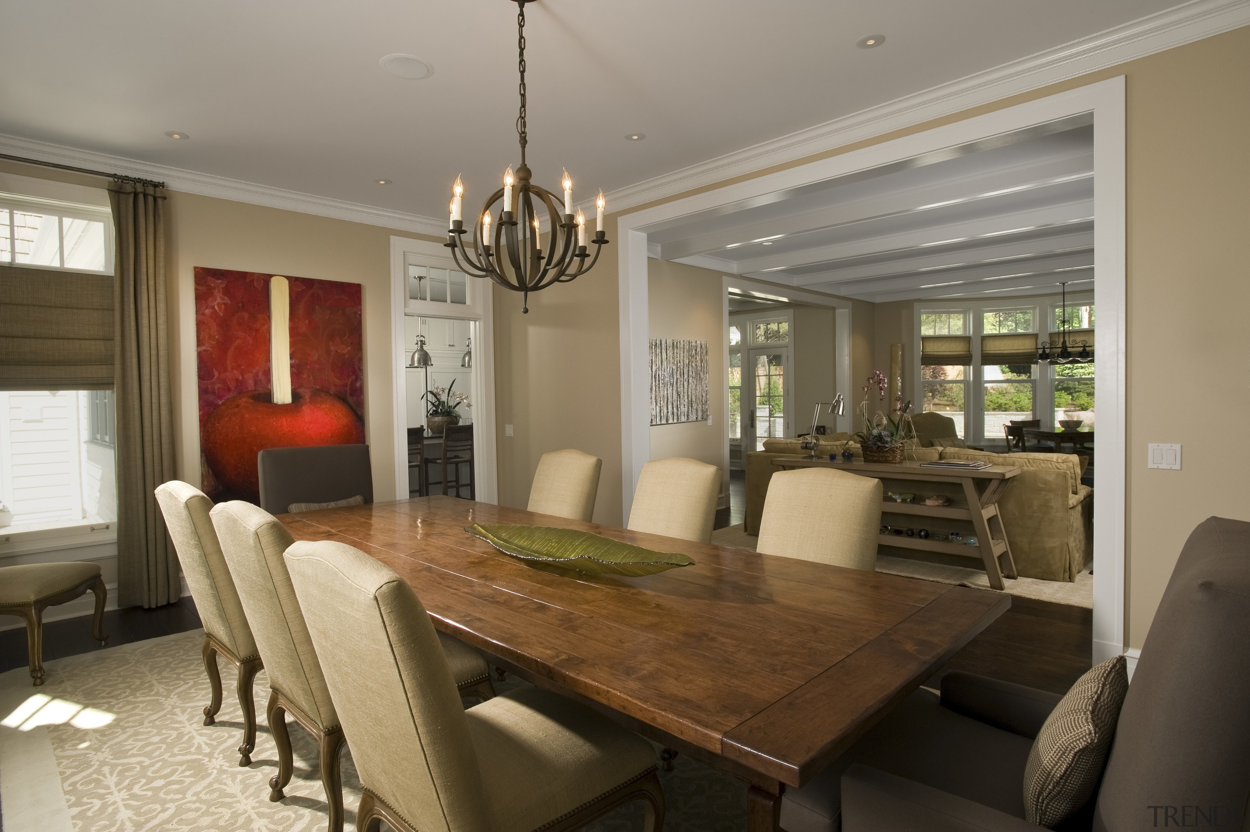 View of dining area with light feature and ceiling, dining room, interior design, living room, real estate, room, table, brown, gray