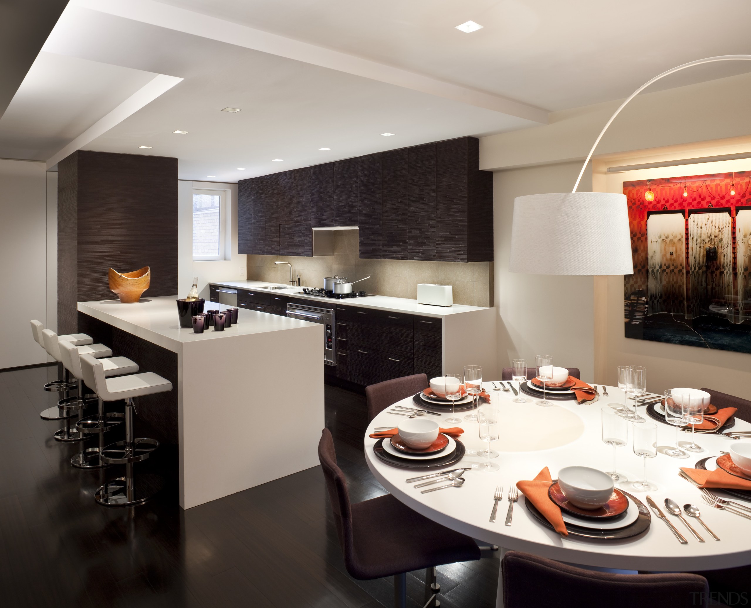 Contemporary apartment interiors dont have to be crisp, ceiling, countertop, dining room, interior design, kitchen, gray, black