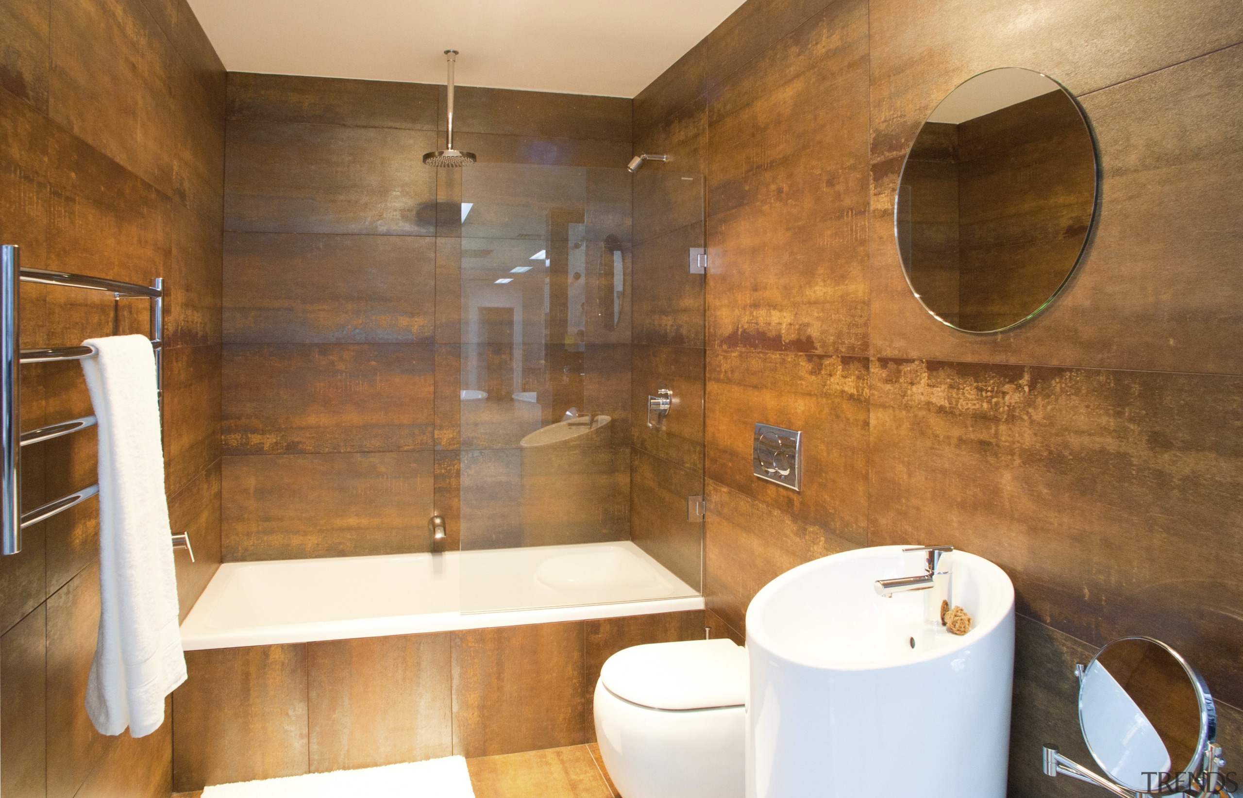 bathroom setting with circular basin, toilet and bath/shower bathroom, floor, interior design, property, room, wood, brown, orange