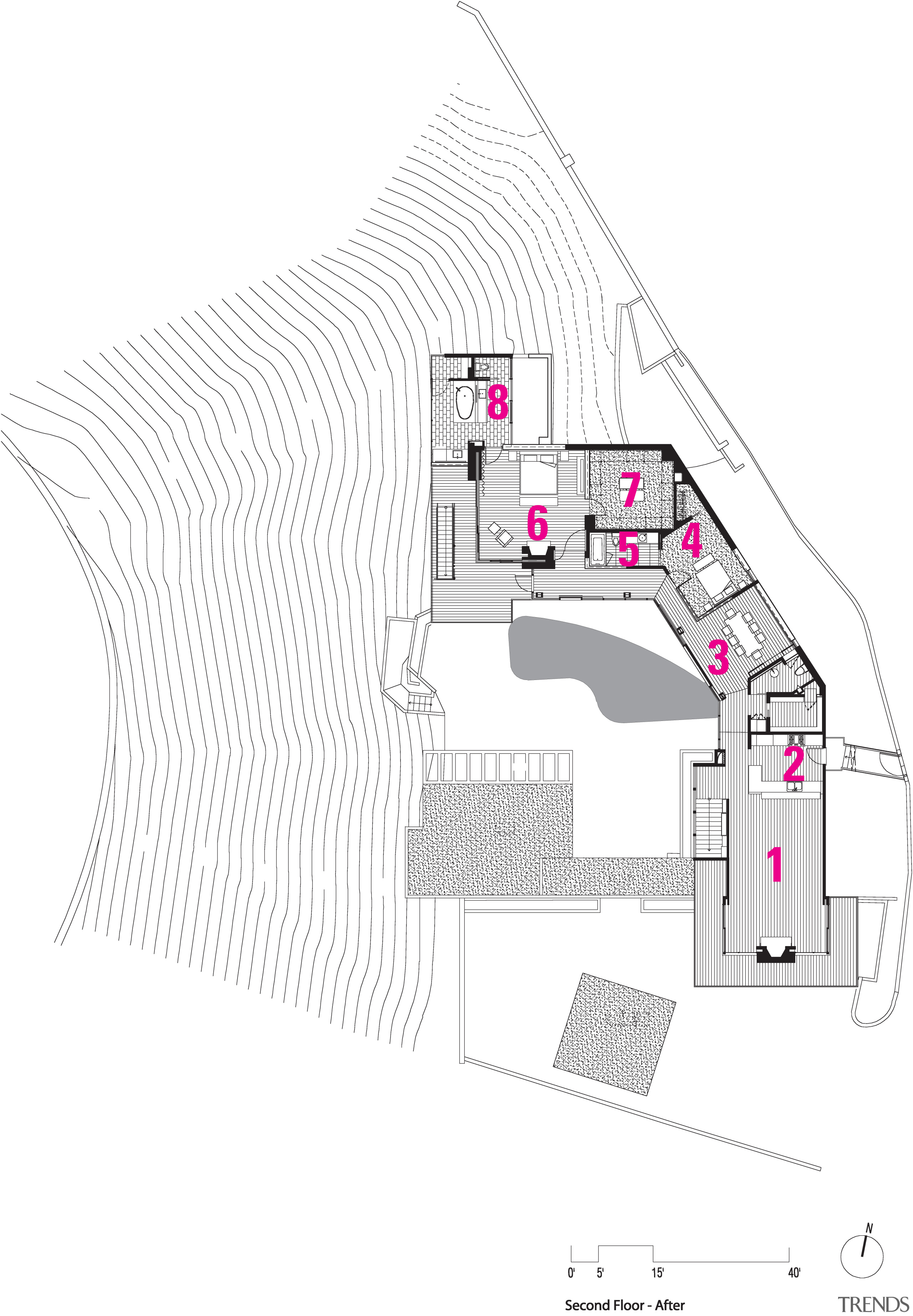 upper level floor plan of 1950s remodel - angle, architecture, area, design, diagram, elevation, floor plan, house, line, plan, product, product design, structure, urban design, white