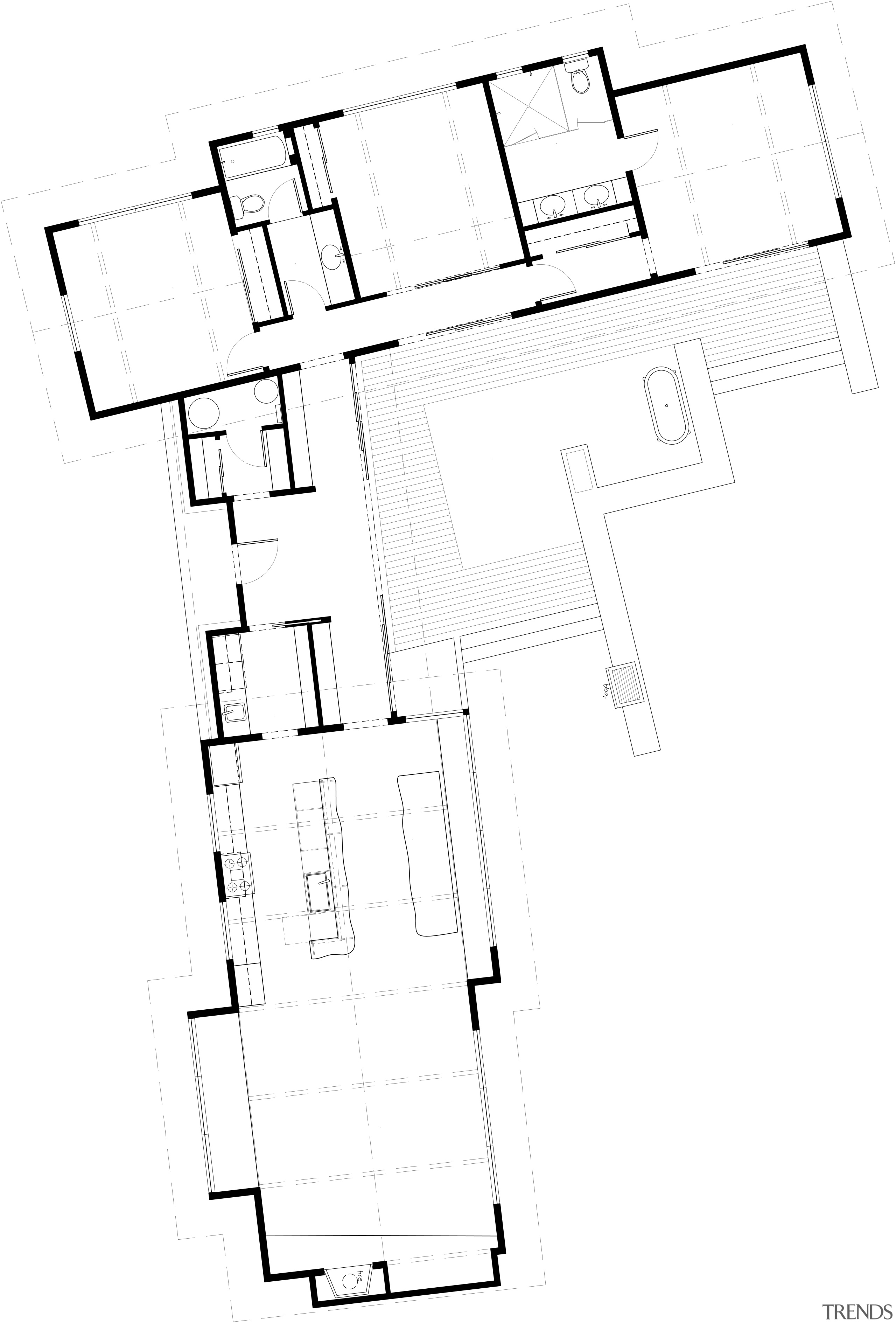 View of rural home with open plan lounge angle, area, black and white, design, diagram, drawing, floor plan, font, line, line art, plan, product, product design, structure, text, white