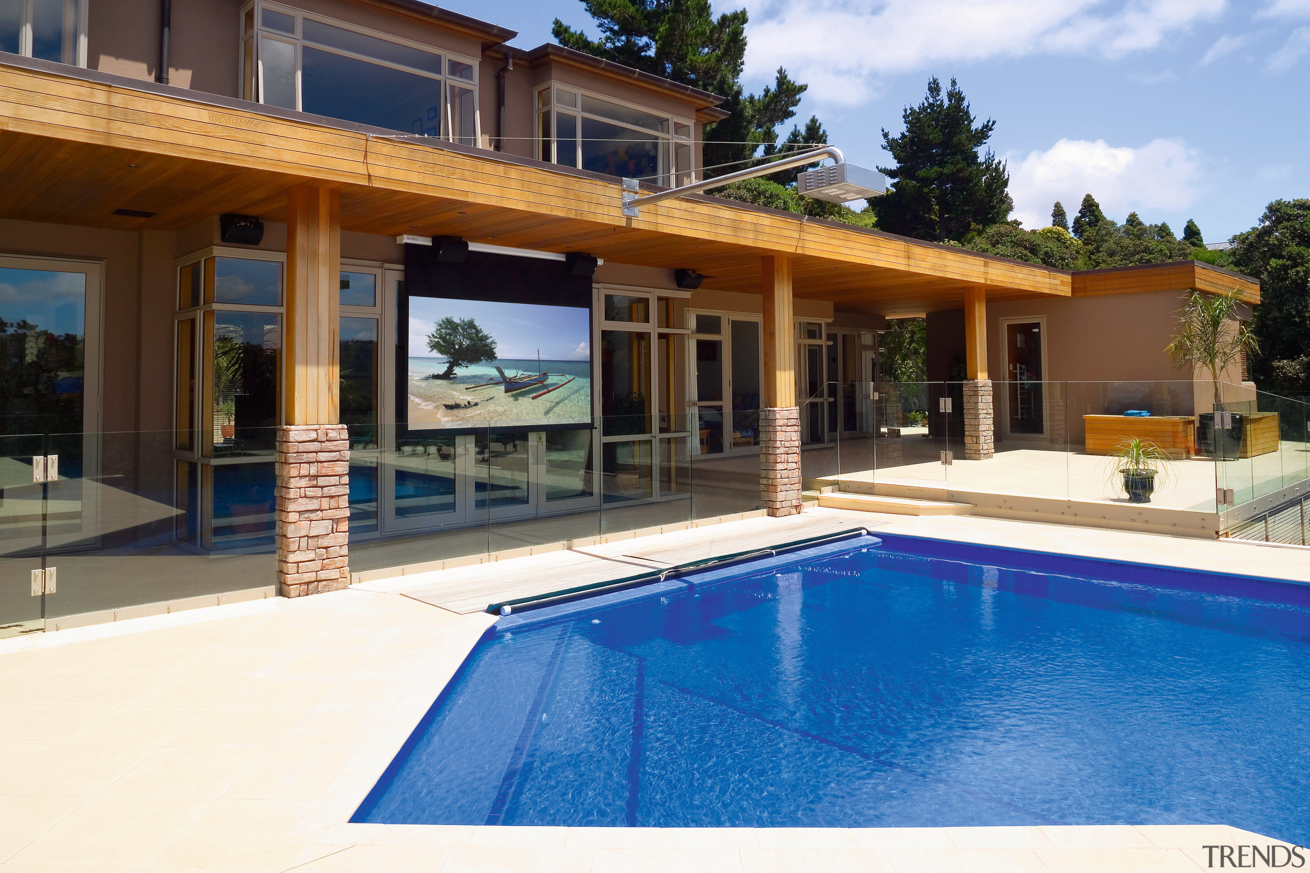 View of the pool, projector and screen for estate, home, house, leisure, property, real estate, resort, swimming pool, villa, window