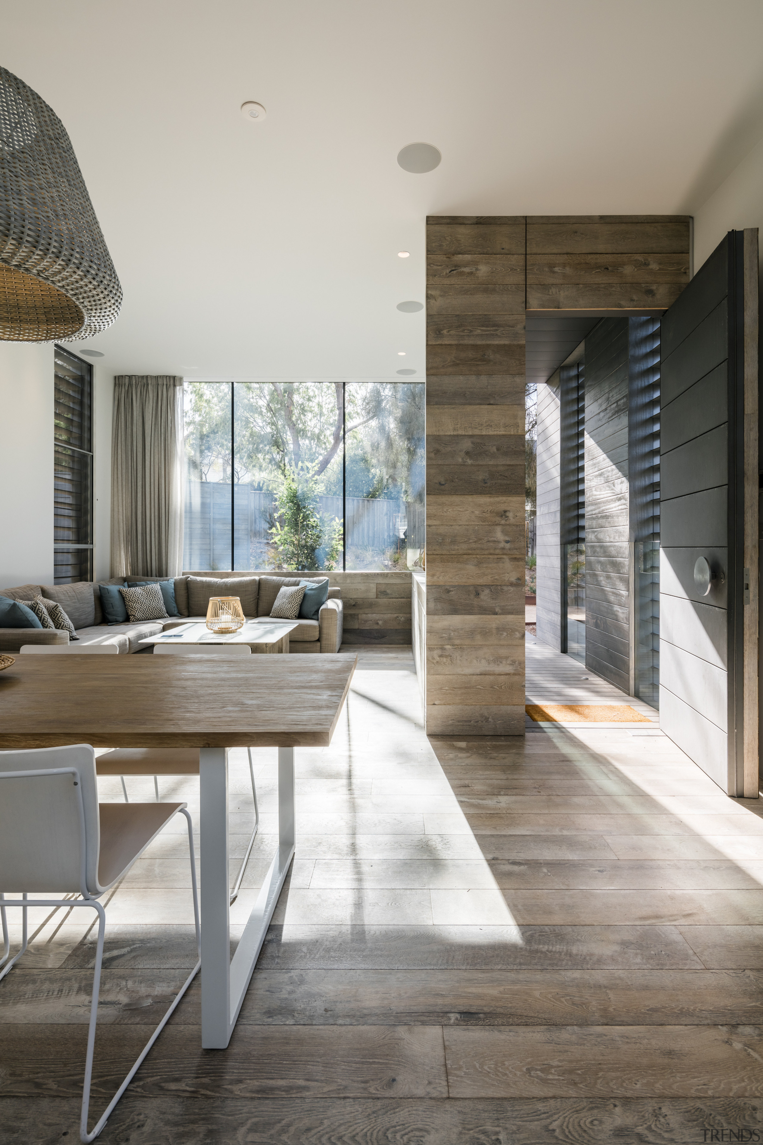 Harmonising with the homes external weathering wood cladding, architecture, ceiling, floor, flooring, house, interior design, table, wood, wood flooring, gray