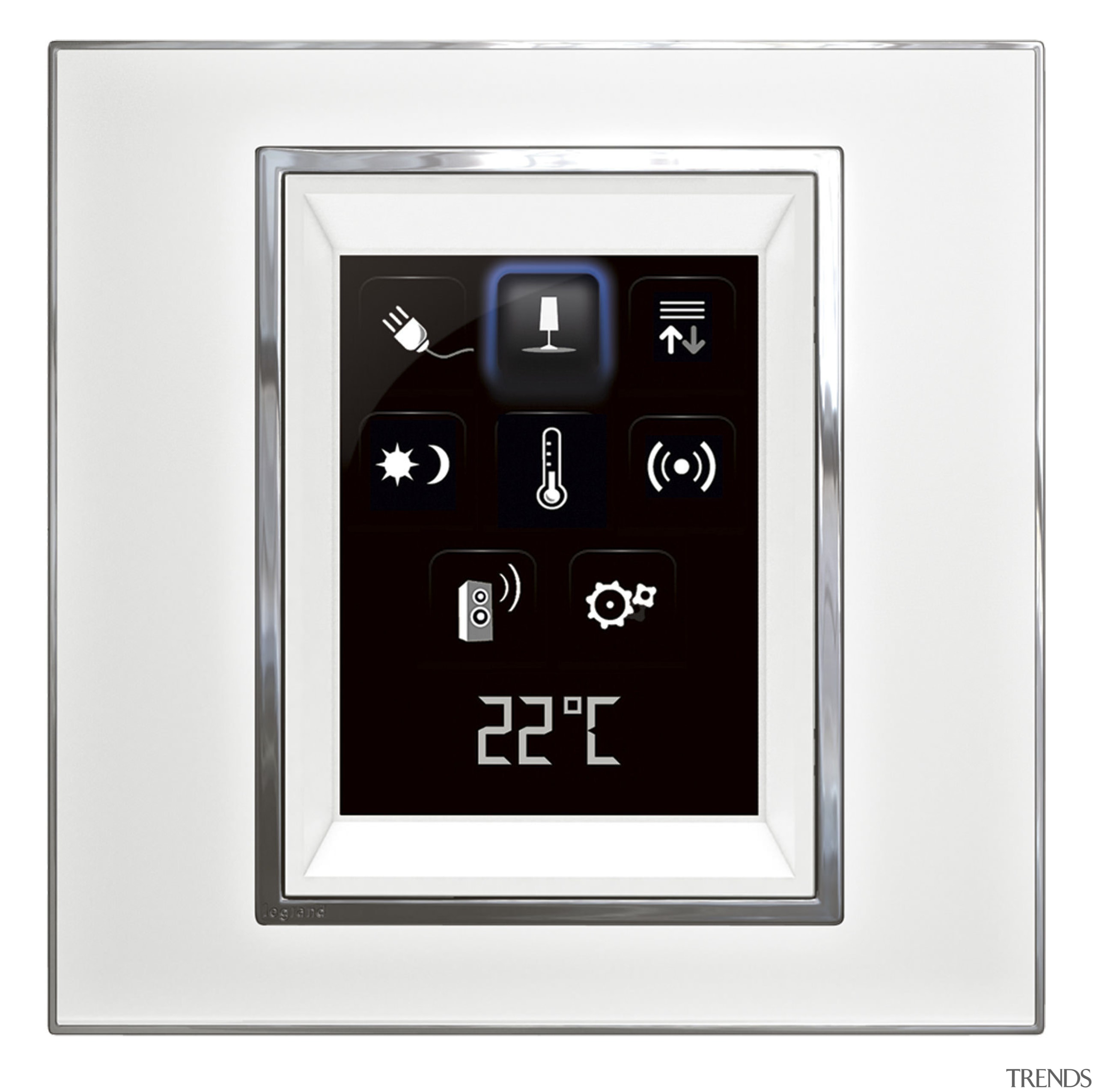 View of home automation system with signs and electronic device, product design, technology, white