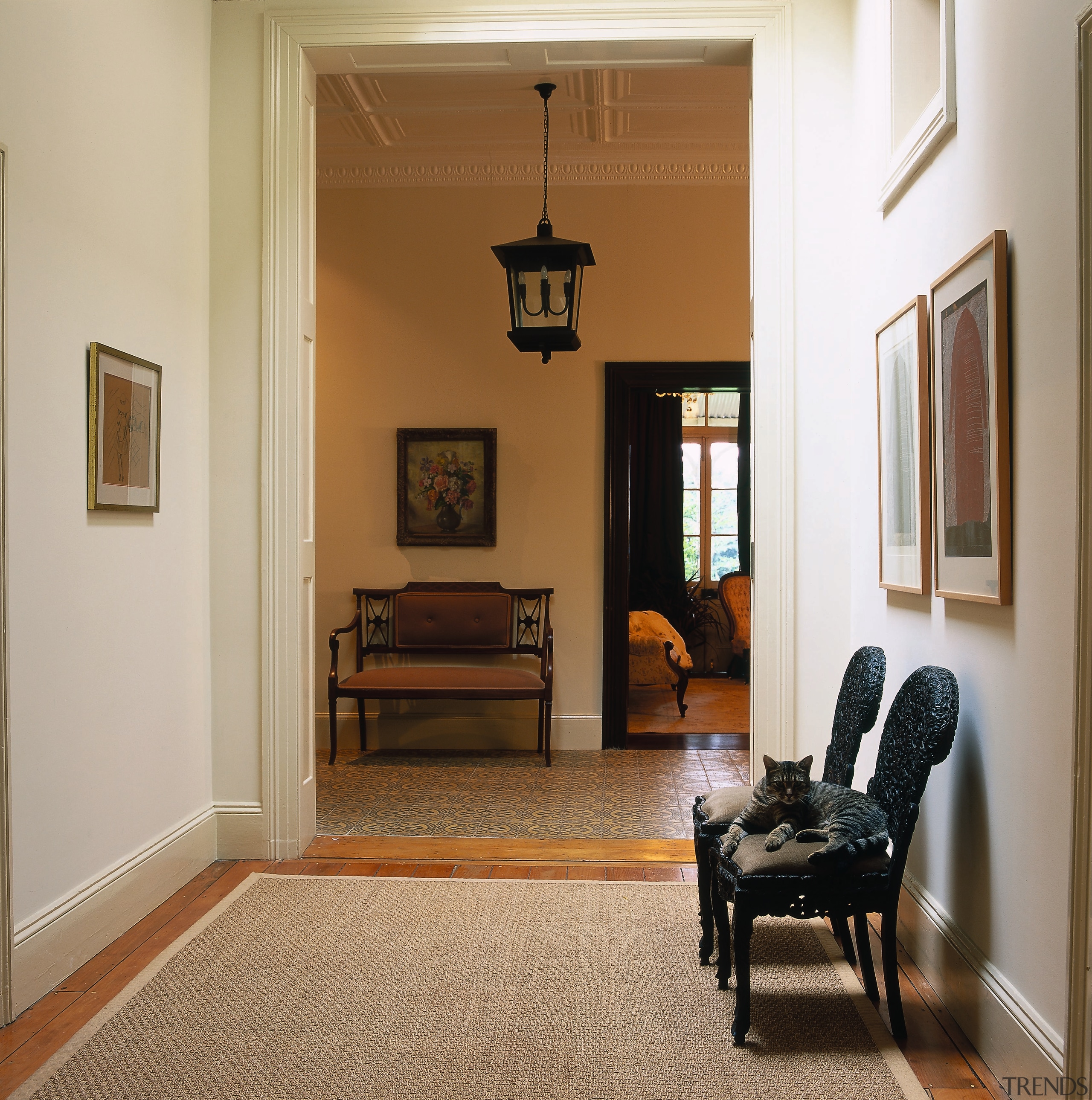 The view of a hallway - The view ceiling, chair, door, estate, floor, flooring, hardwood, home, house, interior design, living room, property, real estate, room, wall, window, wood flooring, brown, gray