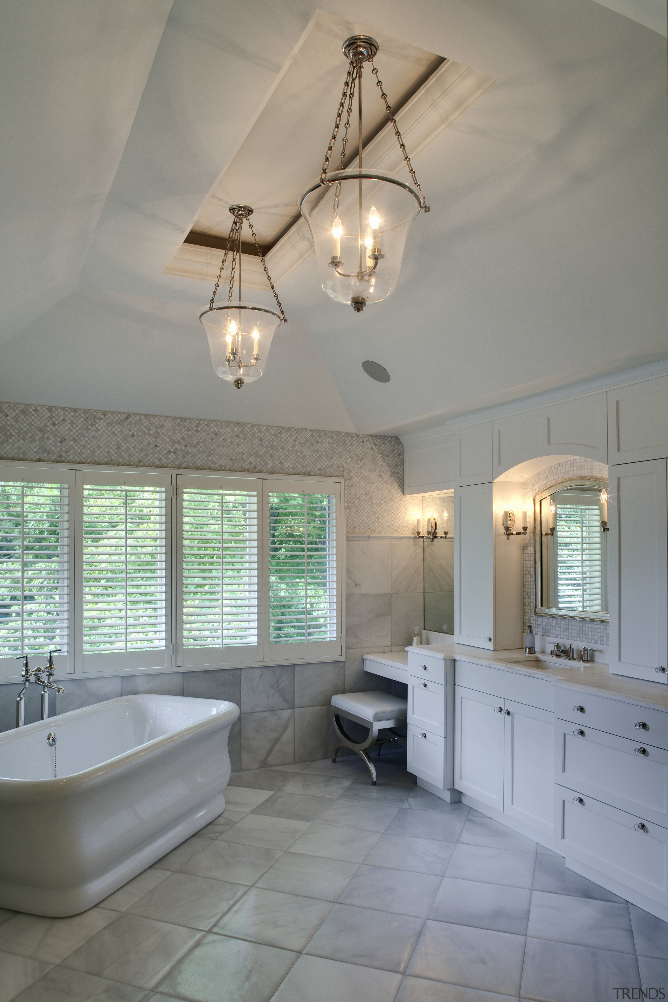 View of a Roman-styled bathroom which features a bathroom, ceiling, daylighting, estate, floor, flooring, home, interior design, light fixture, lighting, real estate, room, tile, gray