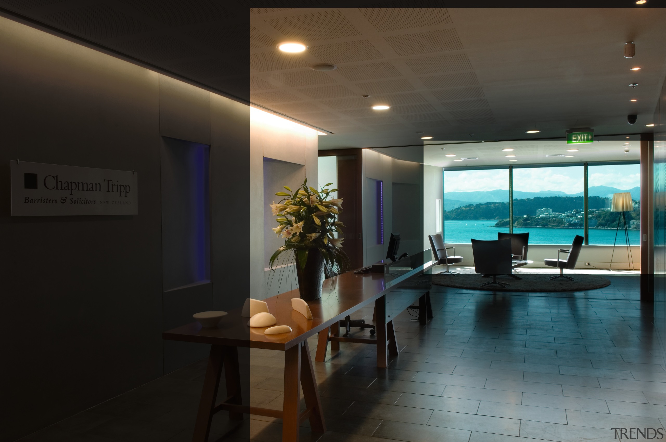 View of this entrance foyer featuring slate flooring, ceiling, interior design, lobby, property, real estate, black