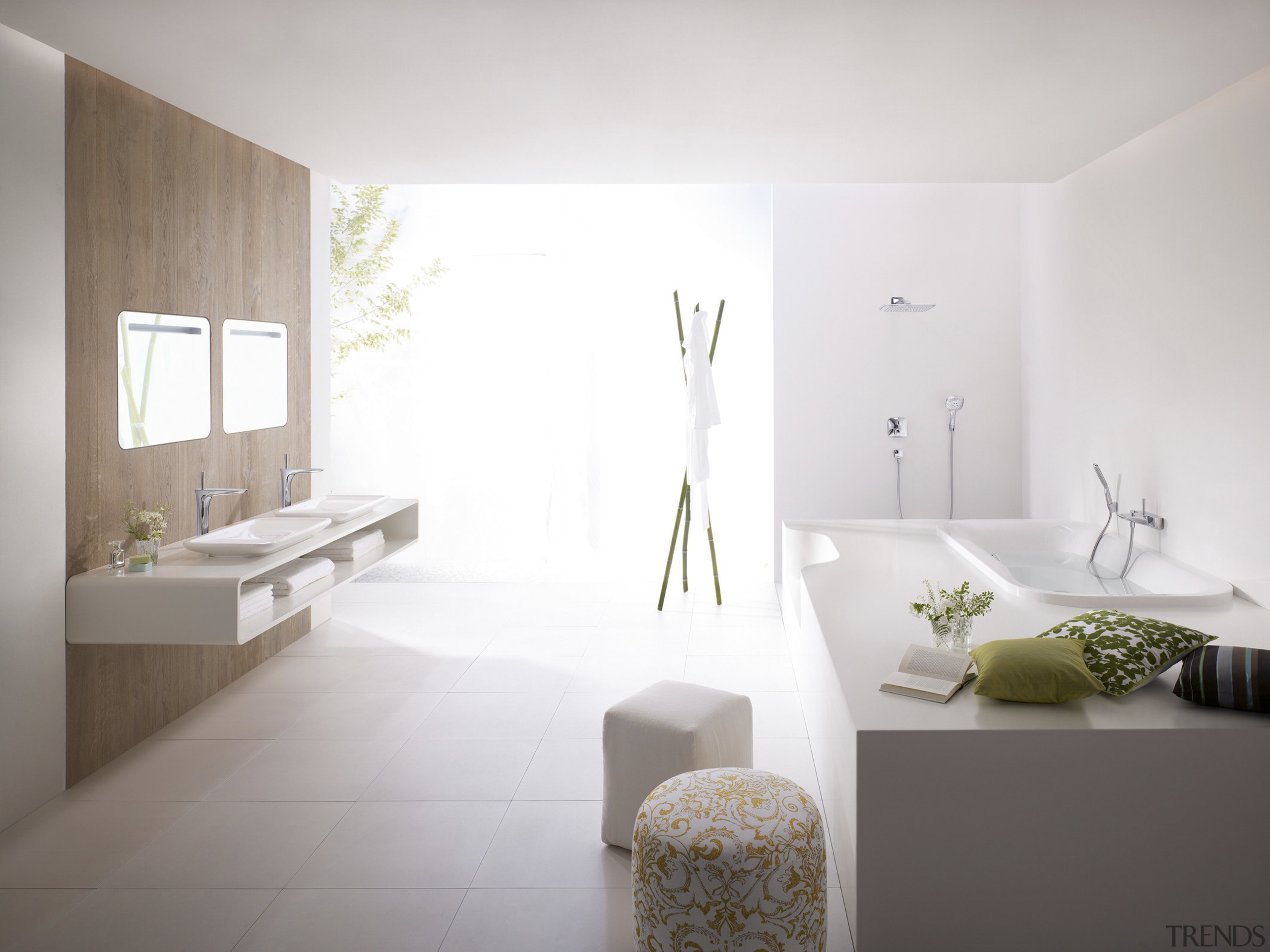 Bathroom with white walls and double basins. - architecture, bathroom, daylighting, floor, flooring, furniture, home, house, interior design, interior designer, living room, product design, room, tap, wall, wood, white