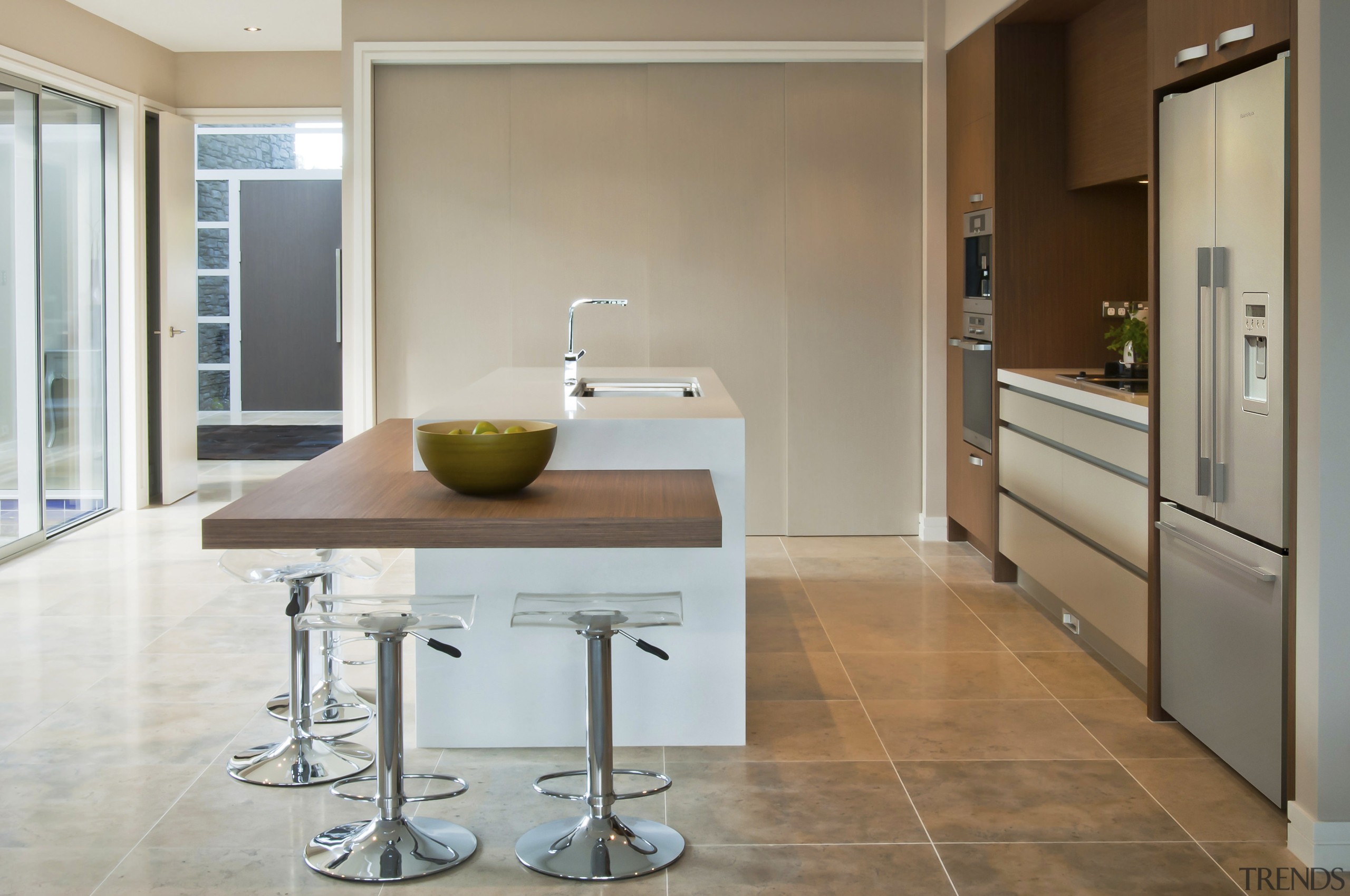 View of a kitchen designed by Suyin of cabinetry, countertop, floor, flooring, home, interior design, kitchen, real estate, room, tile, gray, brown