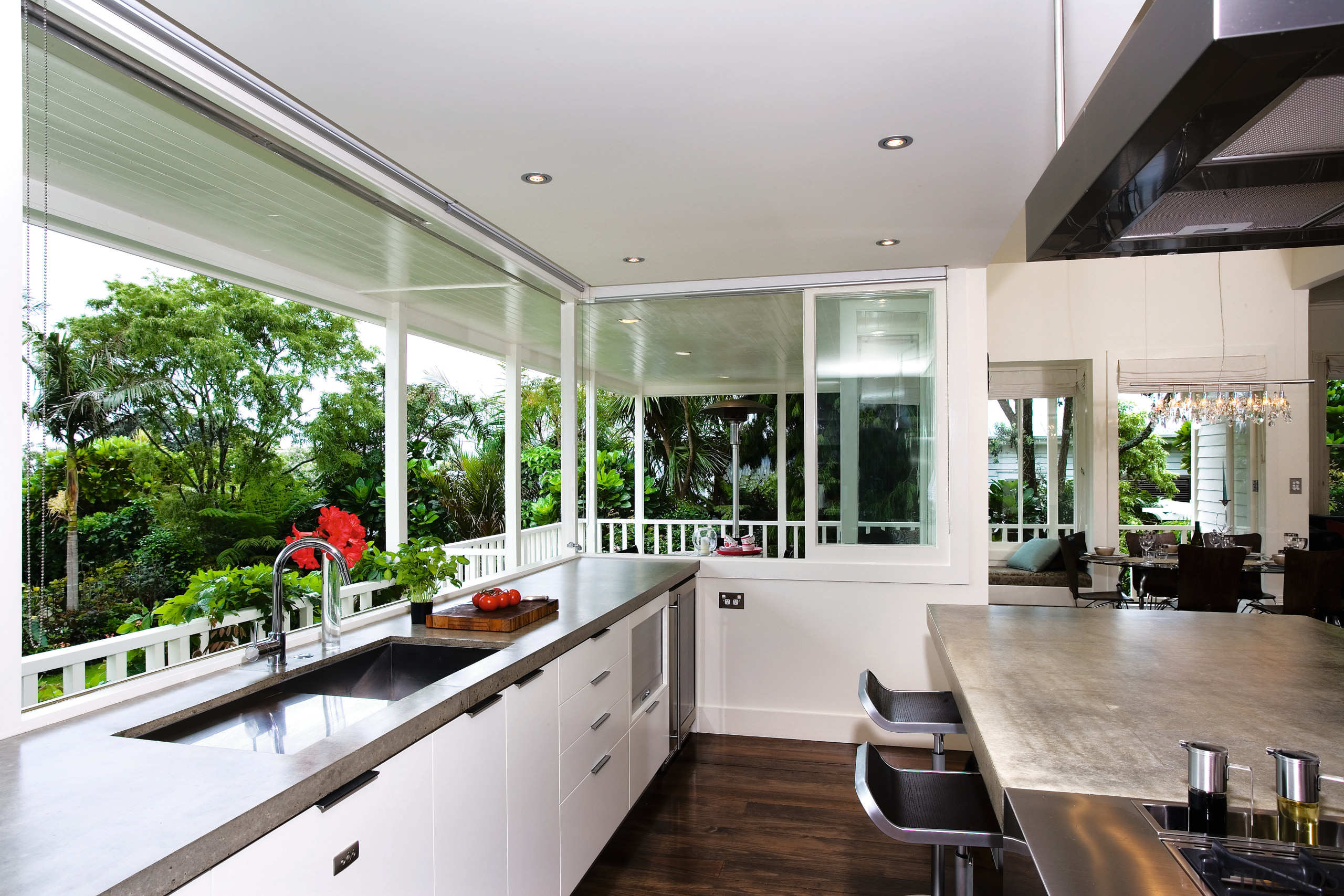 A view of the kitchen area, wooden flooring architecture, countertop, daylighting, estate, house, interior design, kitchen, property, real estate, window, gray