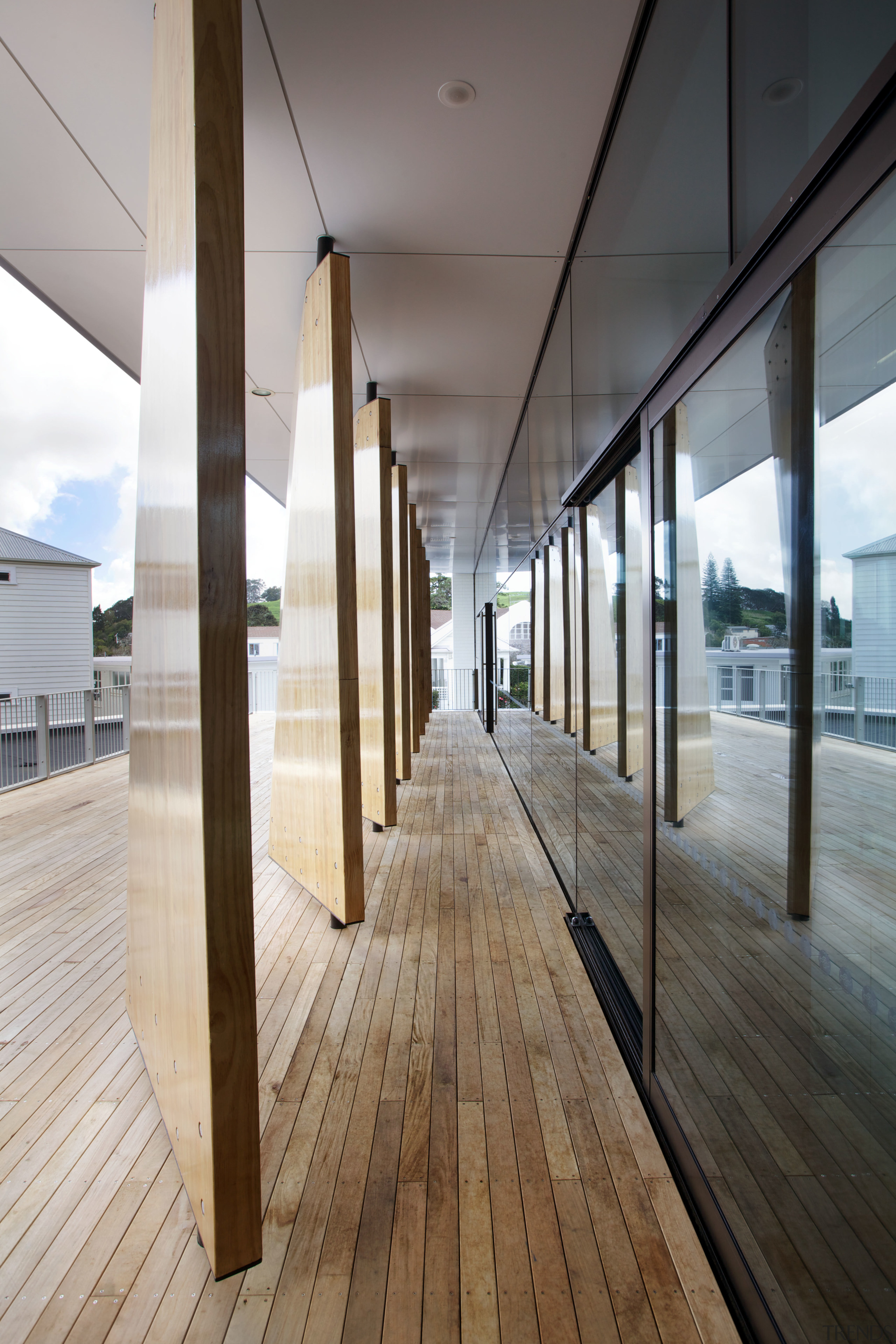 Large timber fins on the deck provide sun architecture, daylighting, floor, flooring, glass, house, interior design, window, wood, gray
