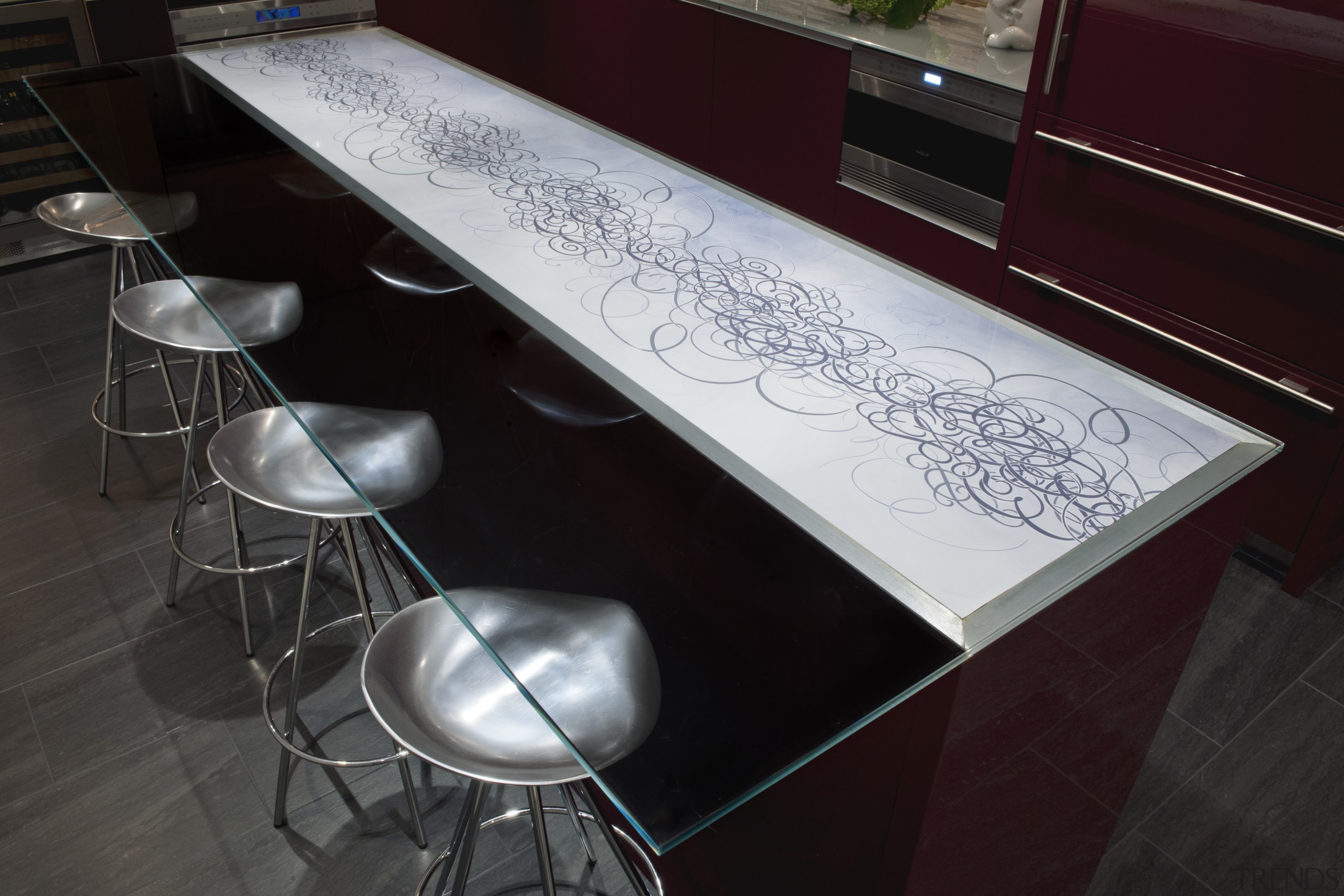 Wallpaper motif on benchtop with cantilevered glass countertop architecture, chair, countertop, design, floor, flooring, furniture, glass, interior design, product design, table, black