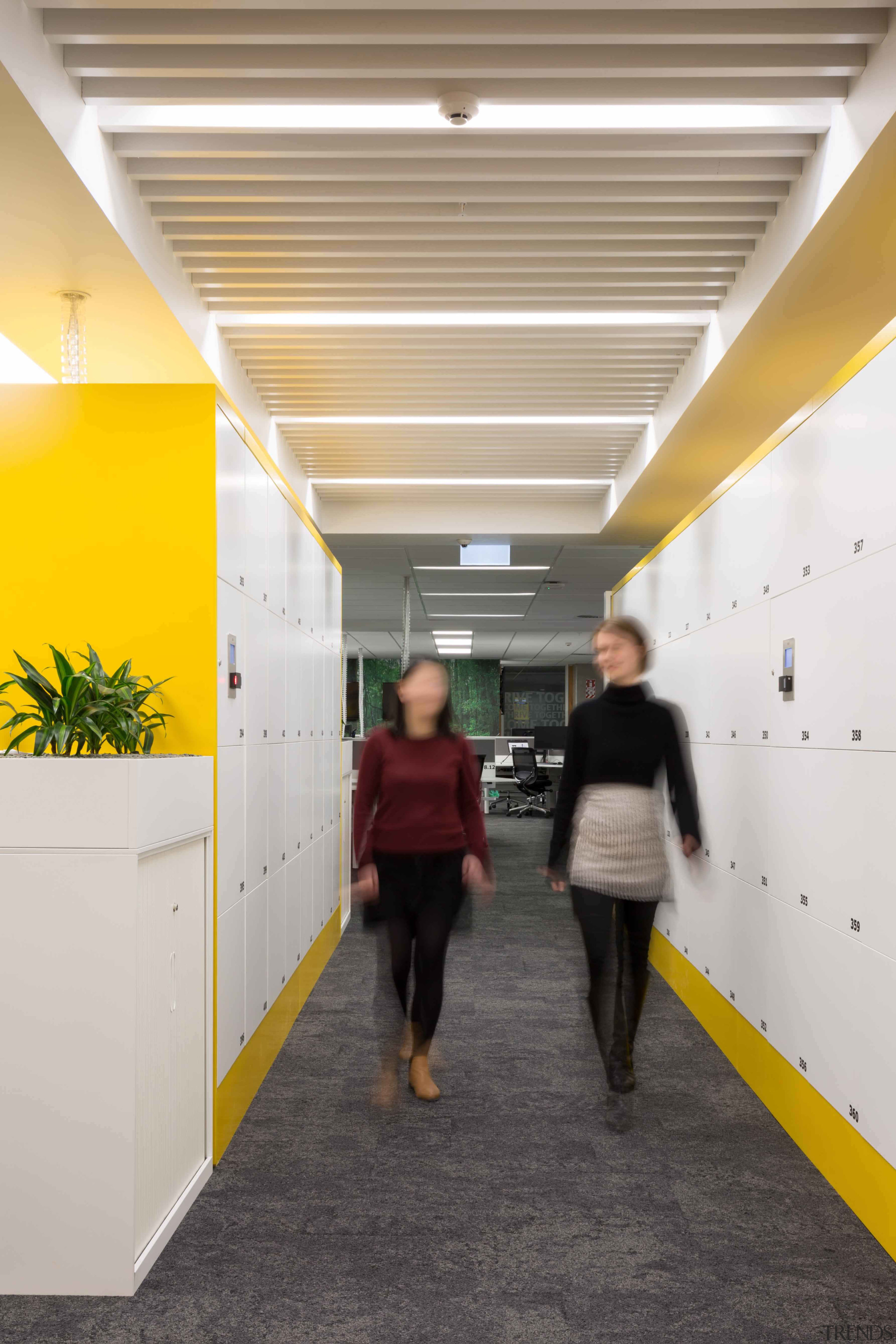 The work stations and most meeting rooms are architecture, ceiling, yellow, gray