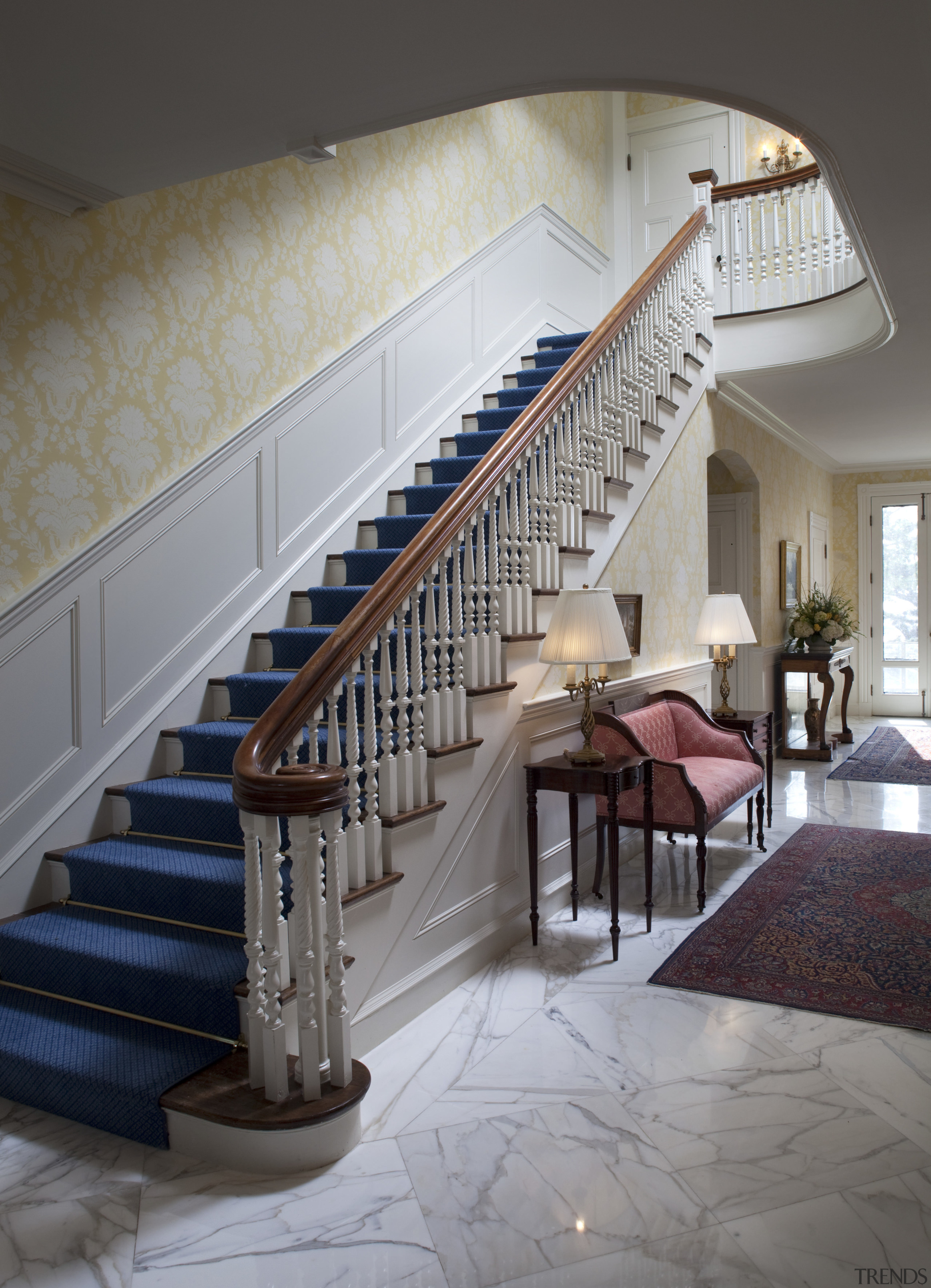 The original staircase and marble flooring of this architecture, baluster, ceiling, estate, floor, flooring, handrail, interior design, stairs, wall, gray