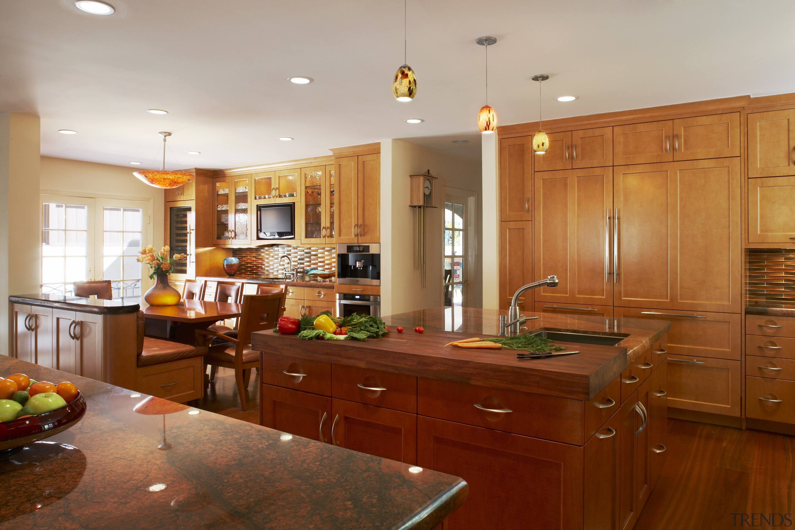 The designer has provided a separate breakfast area cabinetry, ceiling, countertop, cuisine classique, flooring, hardwood, home, interior design, kitchen, real estate, room, wood flooring, brown, gray